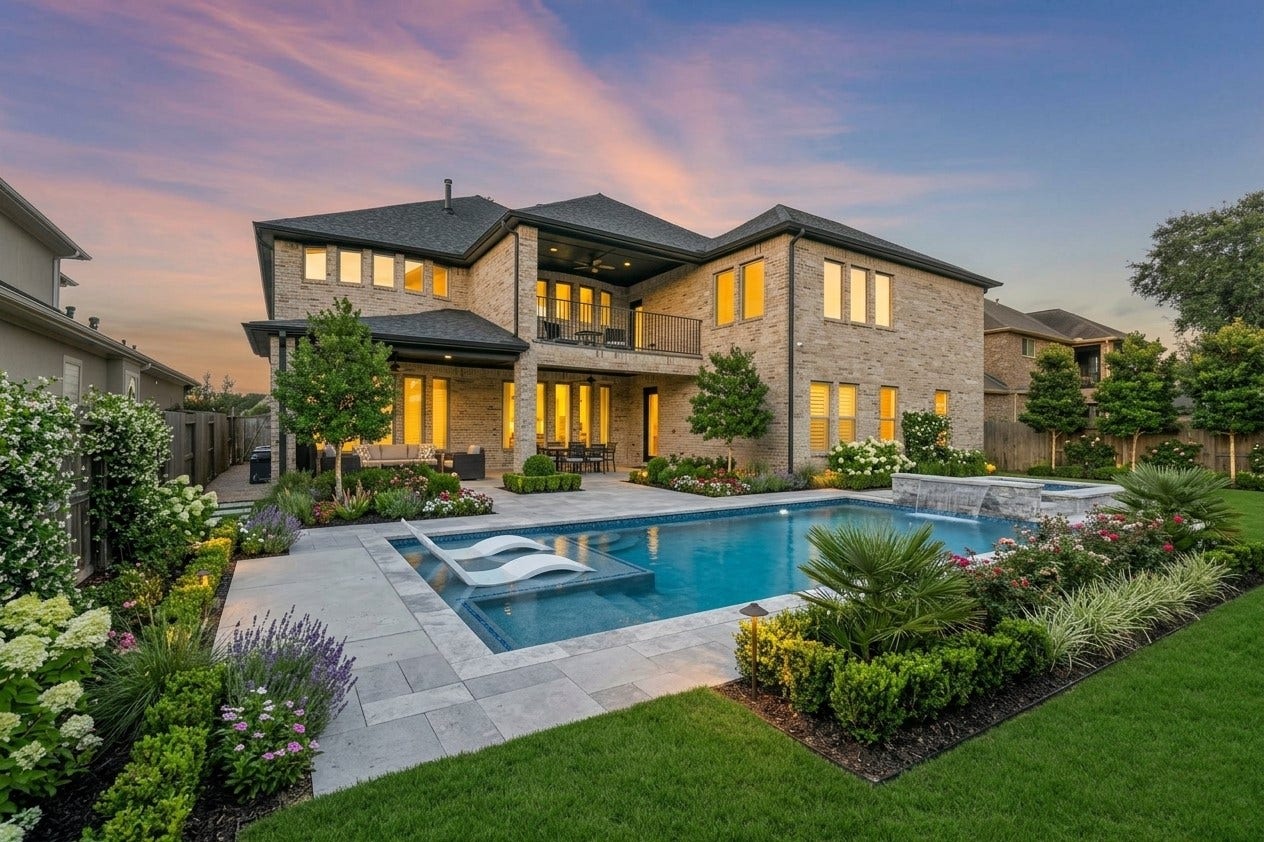 13611 Saddlebred Springs Lane, Cypress, TX 77429 Rendered visualization of the backyard's potential, transforming the existing space into a stunning resort-style retreat with a large pool and lush, tropical plantings