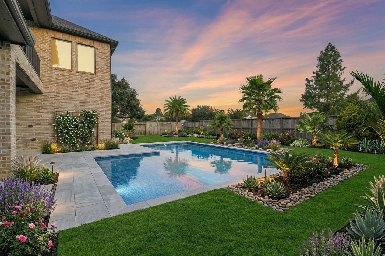 13611 Saddlebred Springs Lane, Cypress, TX 77429 Another angle of rendered visualization of the backyard's potential, transforming the existing space into a stunning resort-style retreat with a large pool and lush, tropical plantings