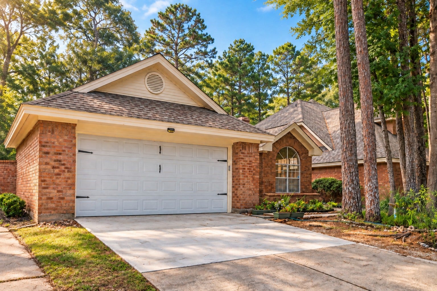 Front exterior: Mature pines frame the brick exterior and attached two-car garage. Digitally enhanced lighting.