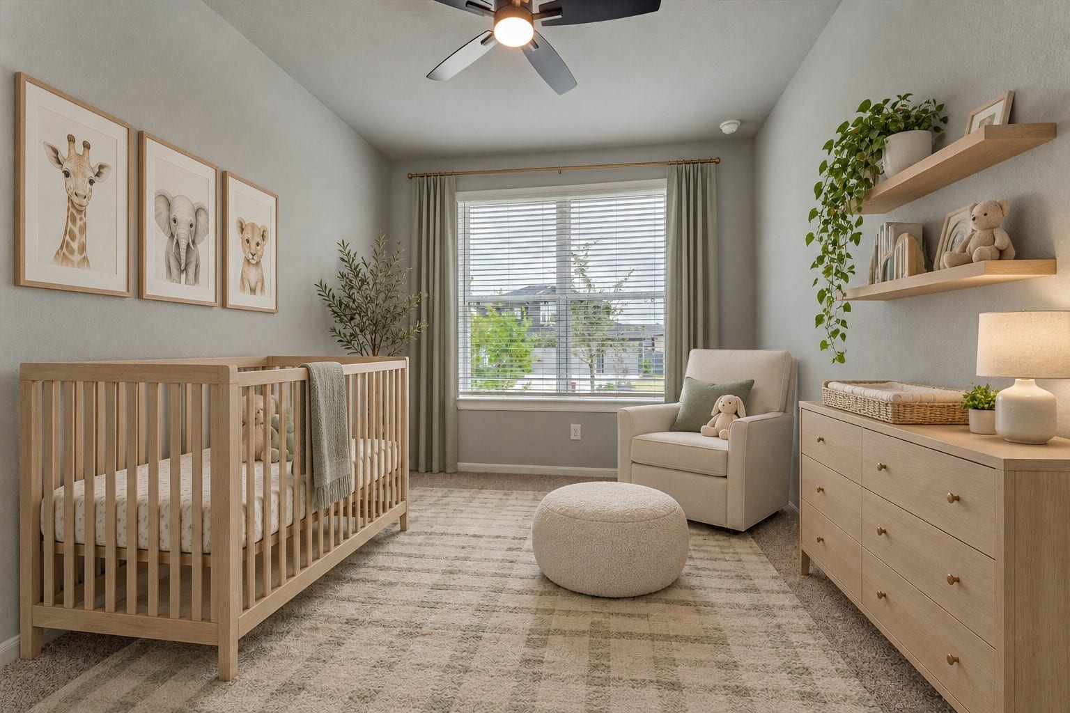 *This photo is virtually staged* Secondary bedroom features neutral color palette, ceiling fan and serene front yard views!