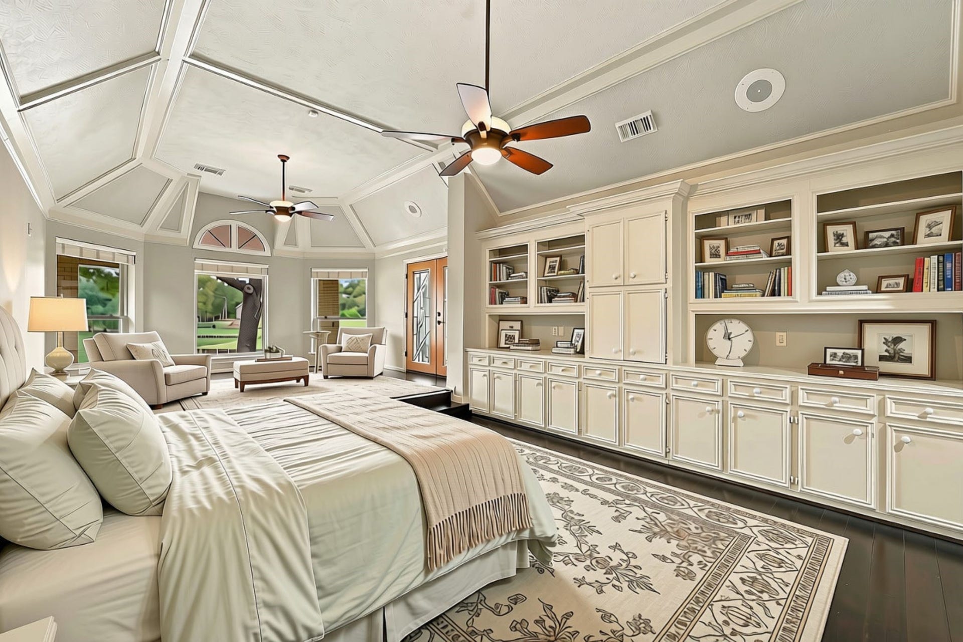 4711 Westerdale Drive, Fulshear, TX 77441 The spacious Primary Bedroom measures an impressive 15' x 30' and offers breathtaking views of beautiful Pecan Lake. This relaxing retreat features gorgeous built-in shelving, soothing paint tones, wood-look luxury vinyl plank flooring, elegant ceiling crown molding, and two ceiling fans for added comfort. The generous proportions and picturesque waterfront views create a wonderful private sanctuary to unwind and enjoy the beauty of the surroundings. (VIRTUALLY STAGED)