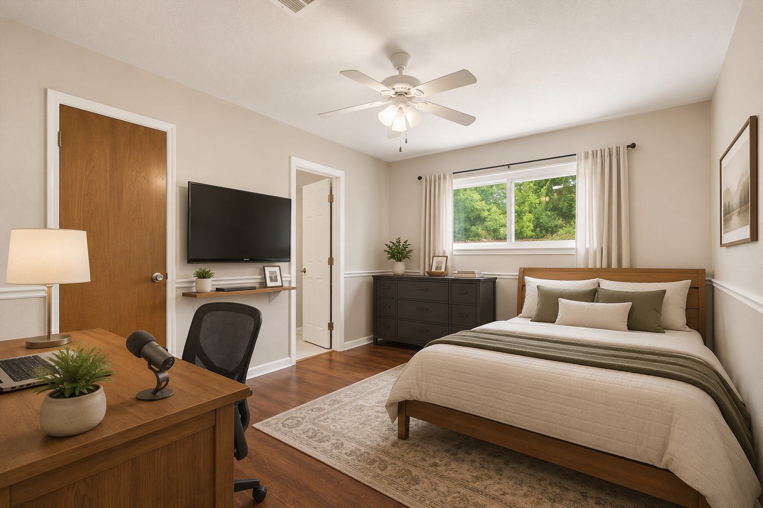 2309 Halbert Drive, Pearland, TX 77581 This bedroom offers laminate floors, a window for natural light, and a ceiling fan, providing a comfortable and airy space. *Virtually staged