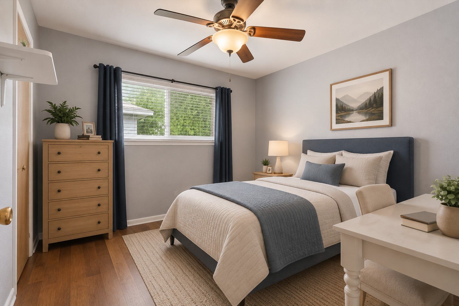 2309 Halbert Drive, Pearland, TX 77581 This bedroom features classic laminate flooring, a ceiling fan, and a window with privacy blinds, creating a cozy and comfortable space to unwind. *Virtually staged