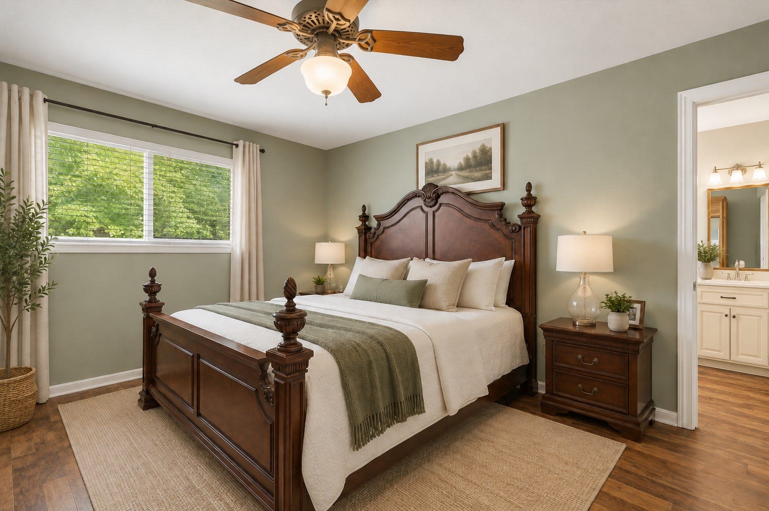 2309 Halbert Drive, Pearland, TX 77581 Retreat to a spacious primary bedroom featuring a classic ceiling fan, sleek laminate flooring, and a large window with privacy blinds for both brightness and comfort. *Virtually staged
