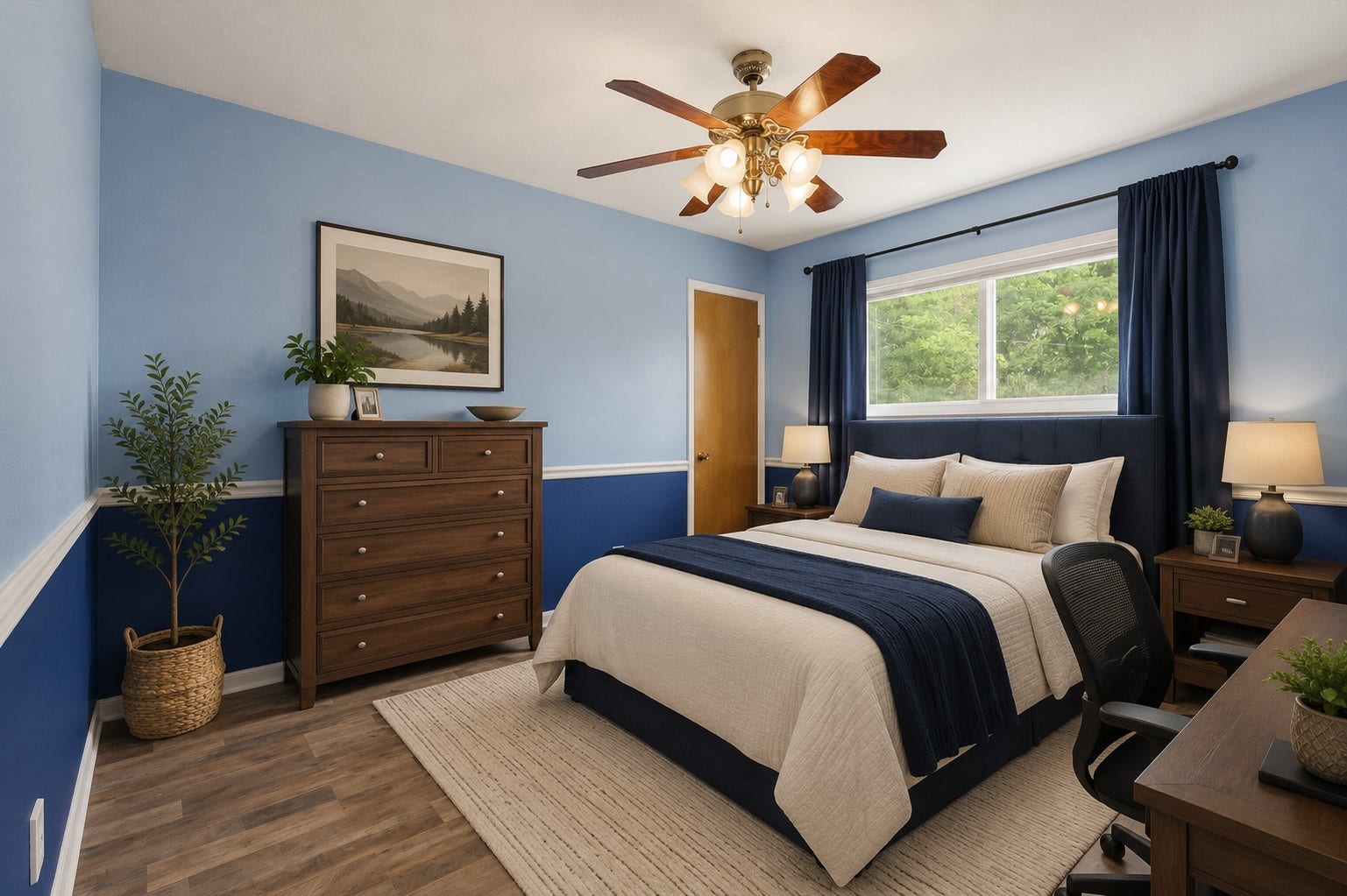 2309 Halbert Drive, Pearland, TX 77581 This bedroom suite features sleek laminate flooring, a classic ceiling fan, and a large window, providing a bright and comfortable living space. *Virtually staged