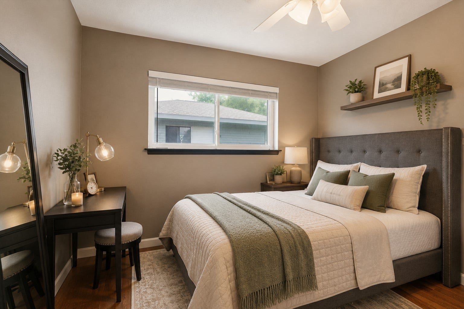 2309 Halbert Drive, Pearland, TX 77581 This cozy bedroom offers laminate flooring, a large window and a ceiling fan. *Virtually staged