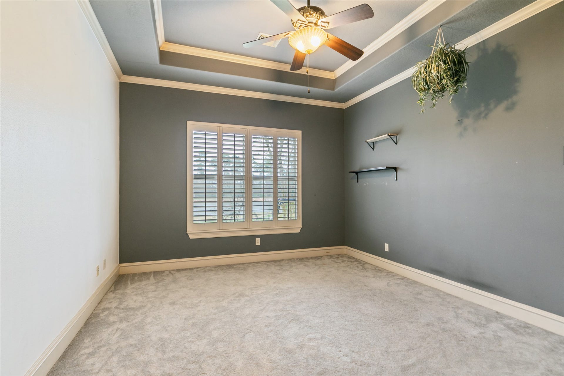 Downstairs secondary bedroom with attractive tray ceiling and plantation shutters.