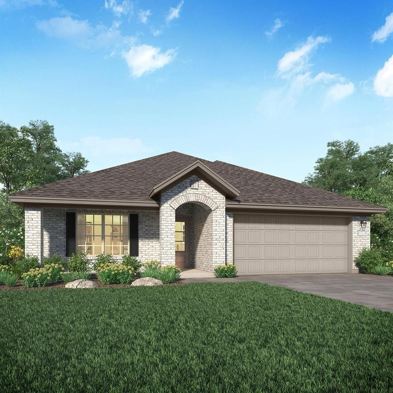 23705 Pagliano Court, New Caney, TX 77357 Charming single-story brick home with a welcoming arched entryway, spacious two-car garage, and lush landscaping, set against a backdrop of mature trees.