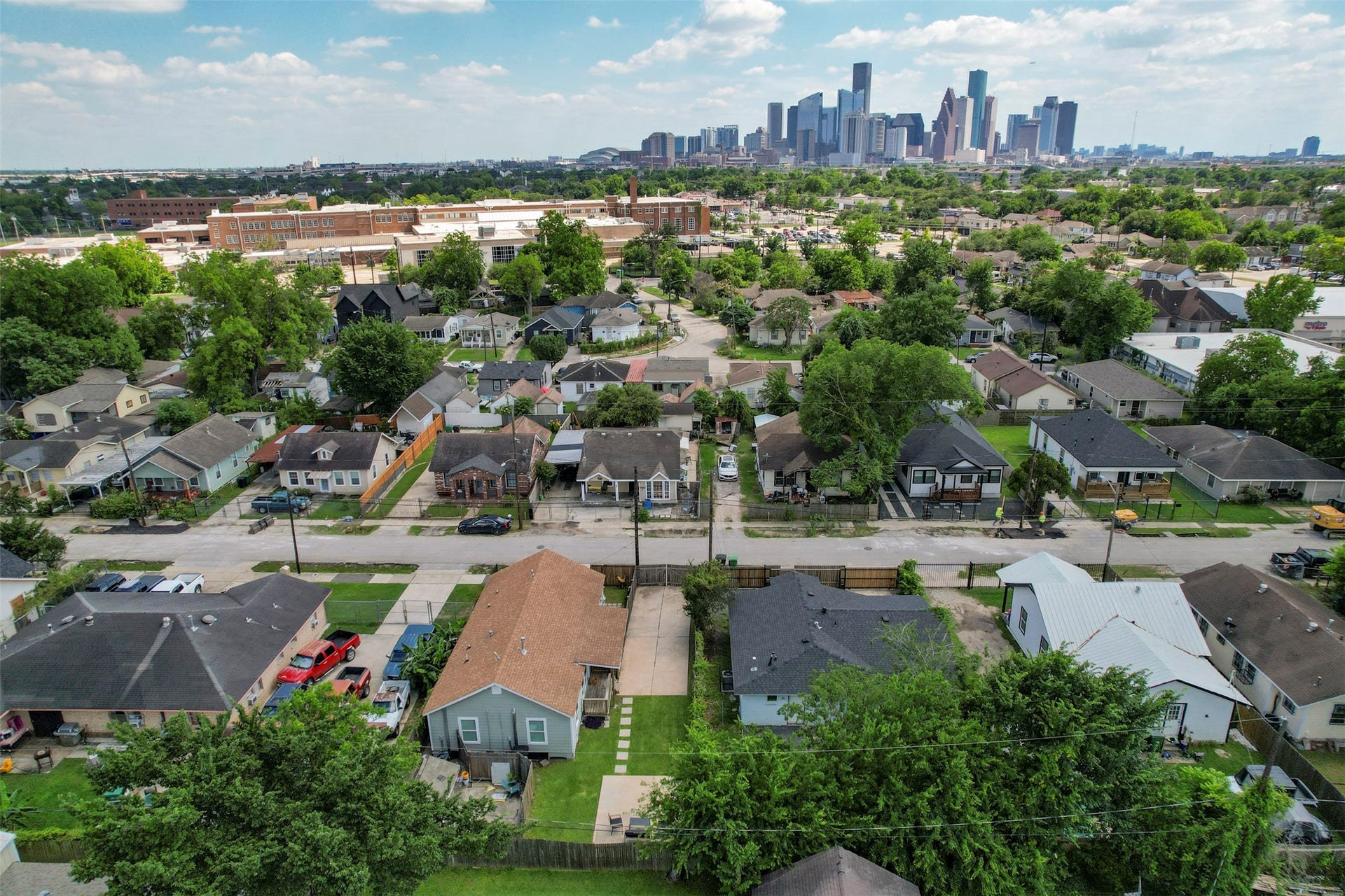 1121 Panama Street, #B, Houston, TX 77009 Aerial view with full Downtown Houston skyline visible, highlighting the property's exceptional inner-loop location just minutes from the city center.