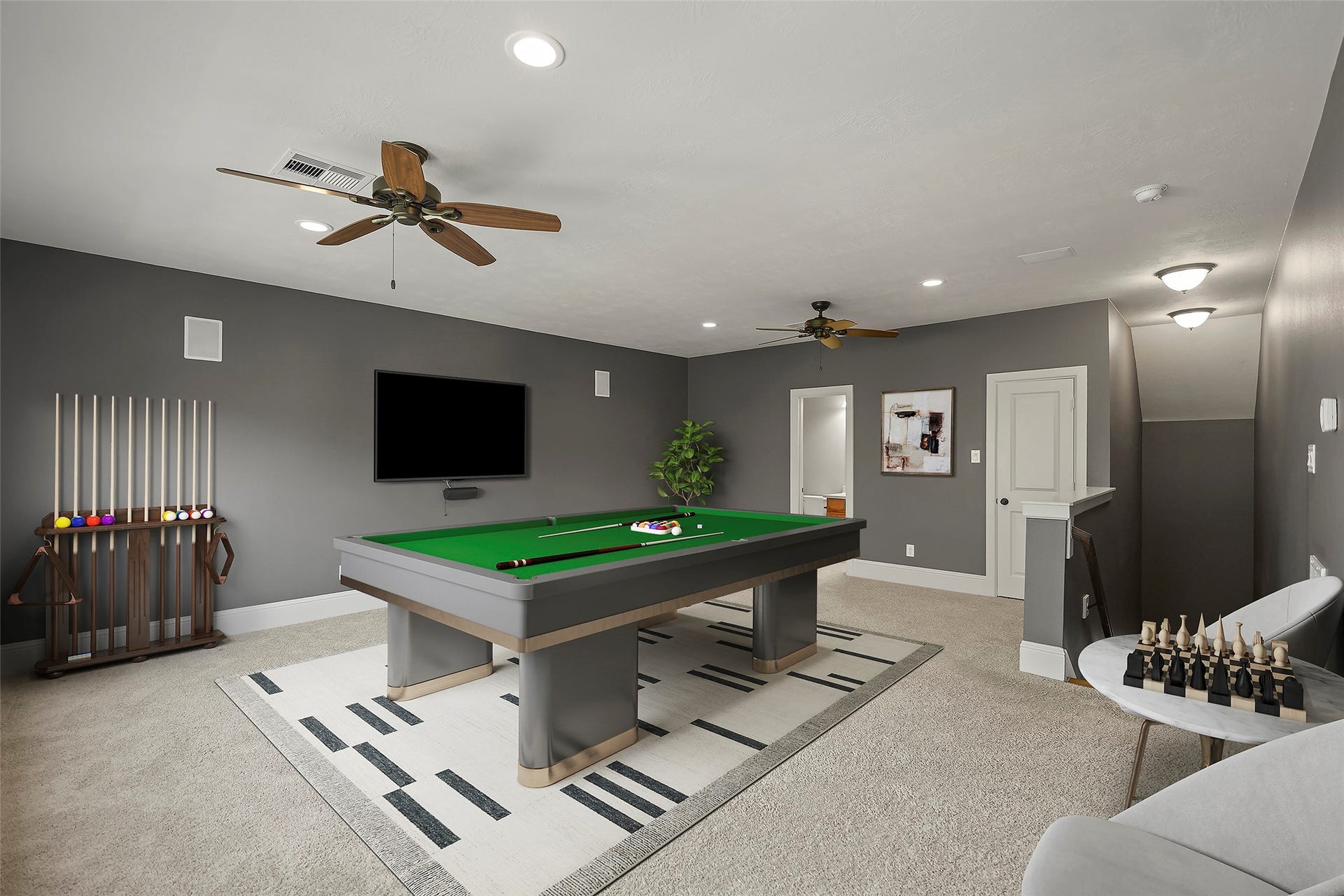 Virtually staged game/media room.