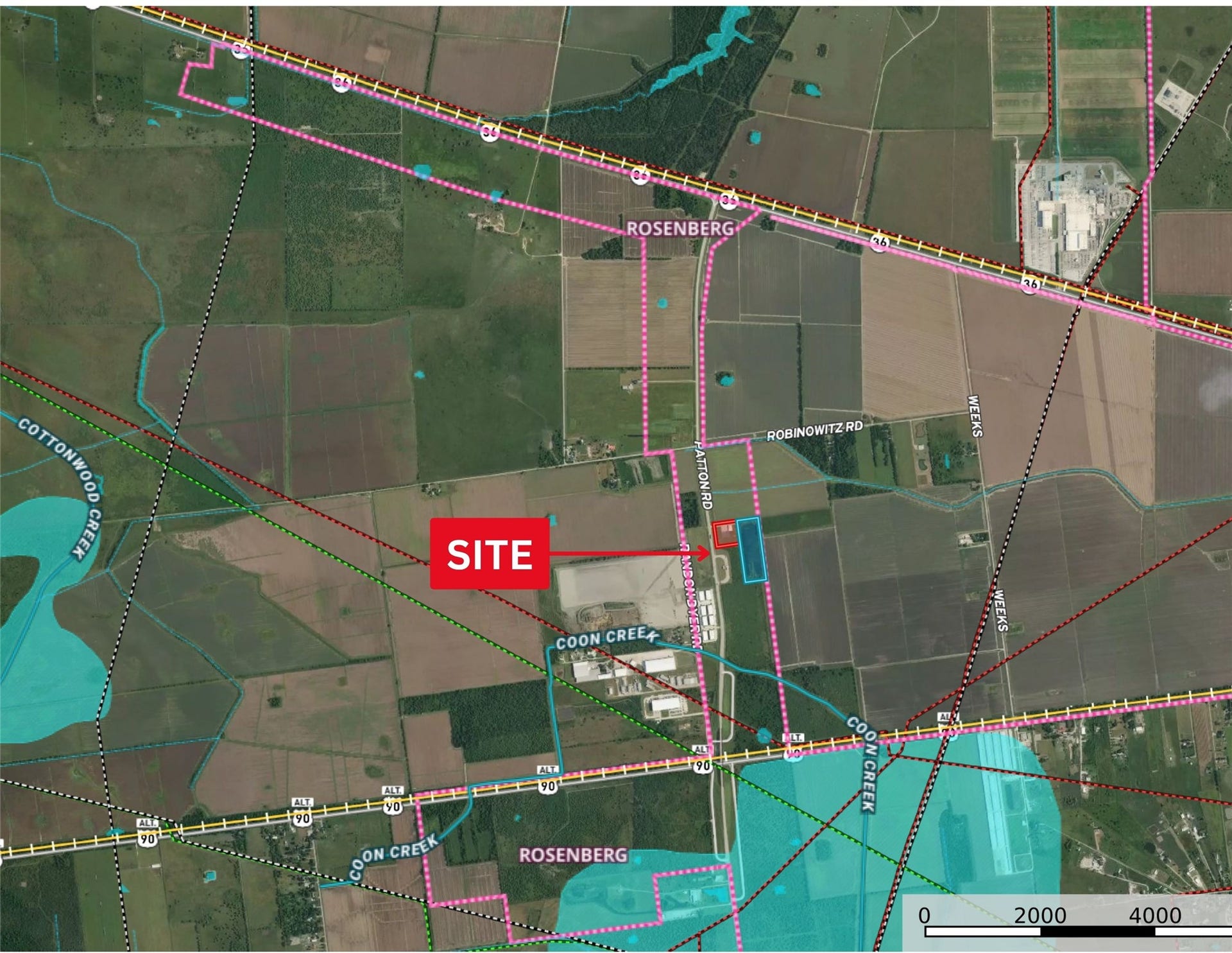 925 Patton / TX-10 Spur / Spur 10 / Hwy 36 BYPASS Bypass, Rosenberg, TX 77471 Map showing floodzone, city limits, pipelines, railroad tracks, surface water, transmission lines