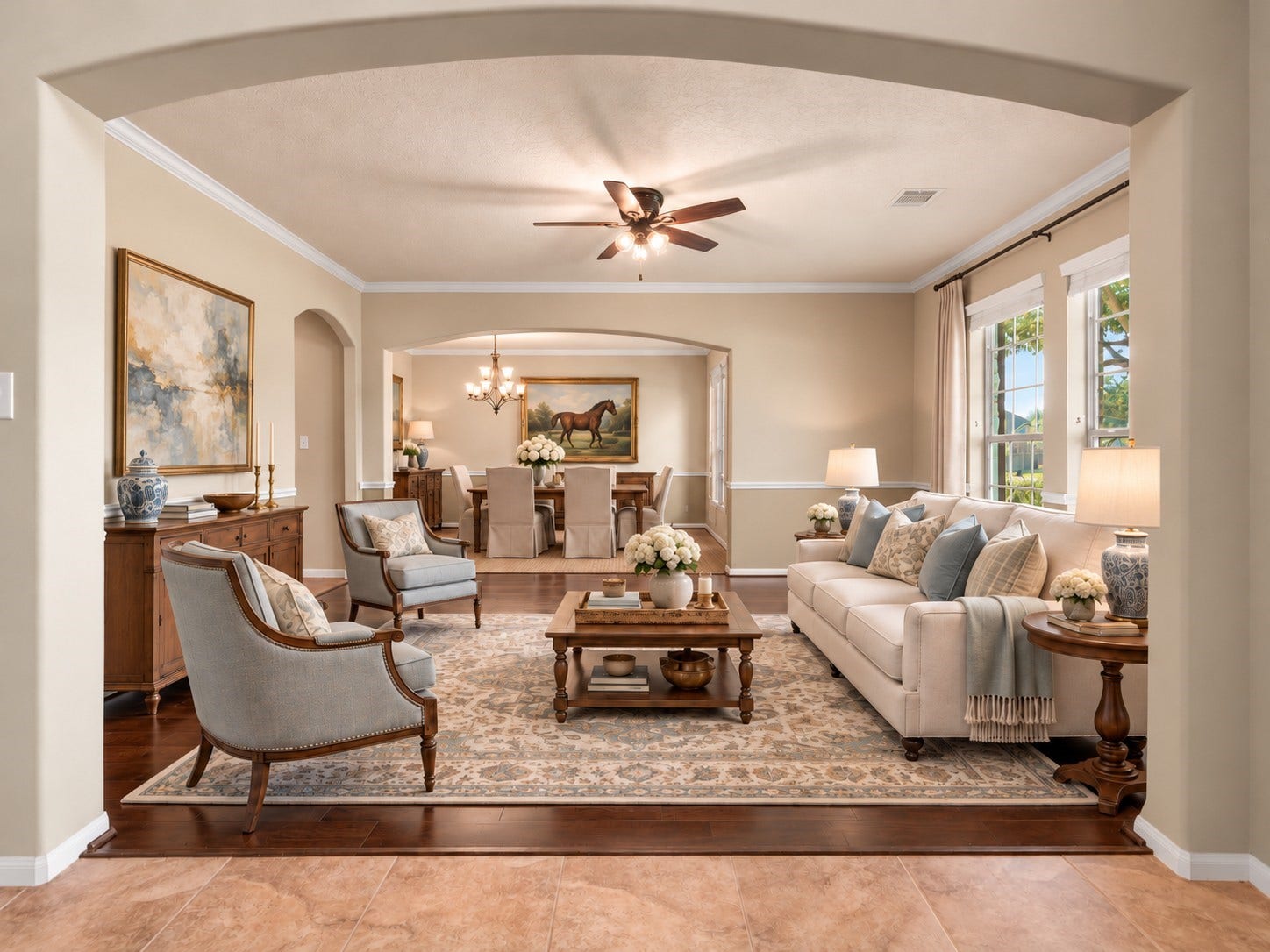10458 Waterstone Estates Court, Tomball, TX 77375 Virtually staged to illustrate its possibilities, the formal living room pairs gleaming wood floors and crown molding with beautiful natural light, creating an elegant setting for conversation and entertaining.
