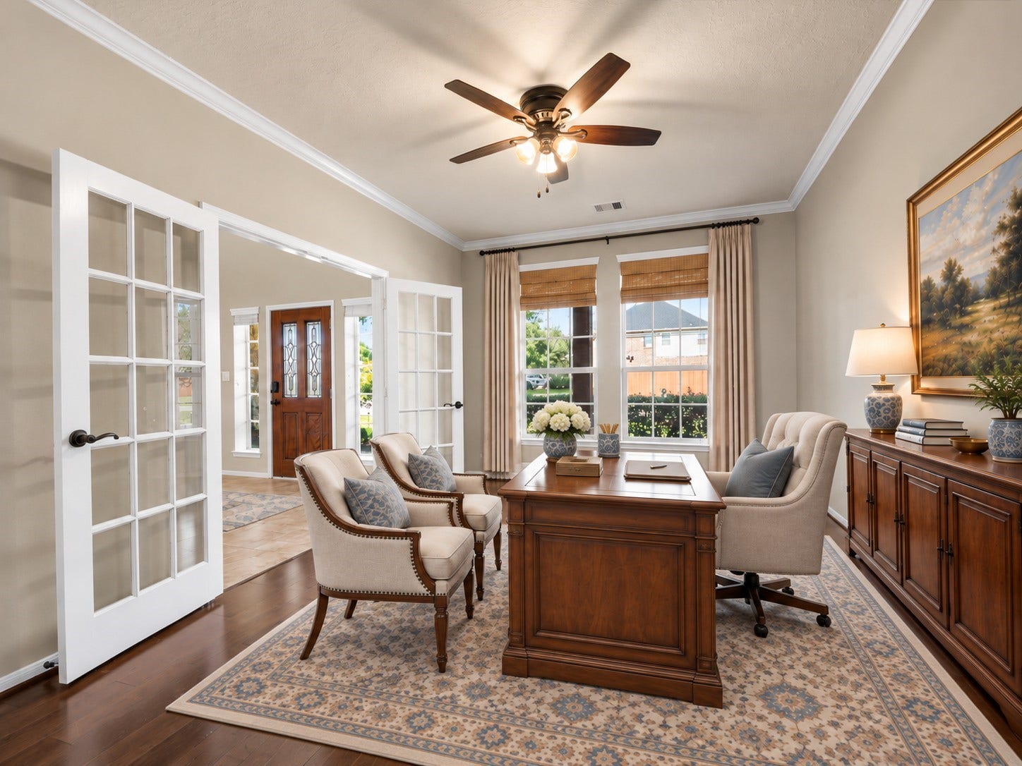10458 Waterstone Estates Court, Tomball, TX 77375 Virtually staged to showcase its versatility, this light-filled room features elegant French doors and a private full bath, offering the flexibility to serve as a home office, guest suite, or additional bedroom.
