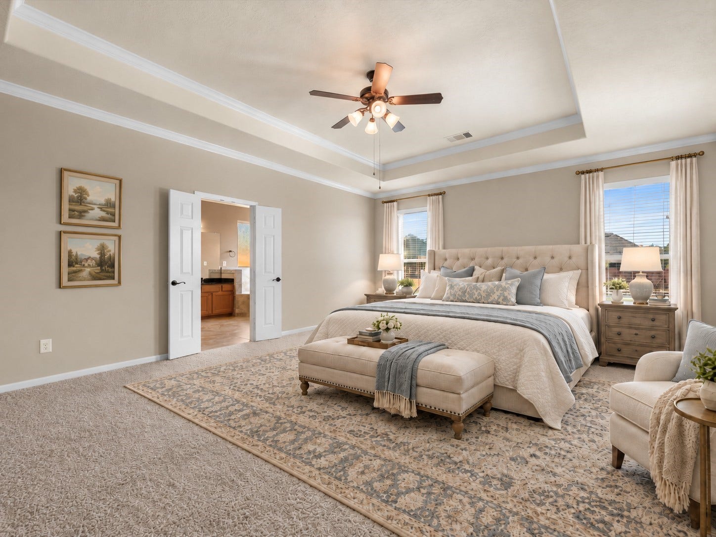 10458 Waterstone Estates Court, Tomball, TX 77375 Virtually staged to highlight the grandeur of this expansive primary suite, the room features a tray ceiling with crown molding and French doors leading to the private ensuite, creating a spacious retreat at the end of the day.