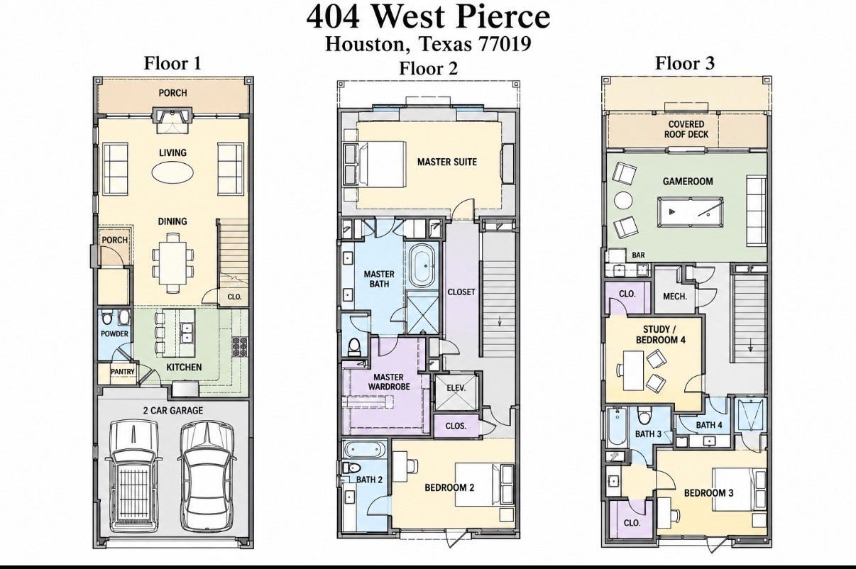 404 W Pierce Street, Houston, TX 77019 Schematic floor plan. All dimensions to be verified