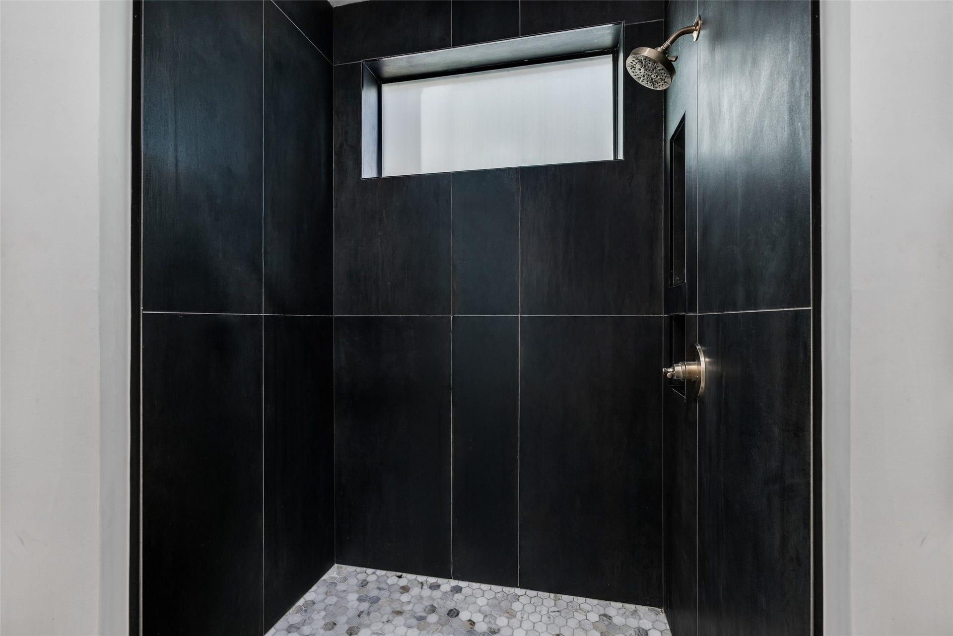 2014 Park Street, Houston, TX 77019 Beautiful black tile shower with window for natural light - new glass doors ordered & will be installed very soon