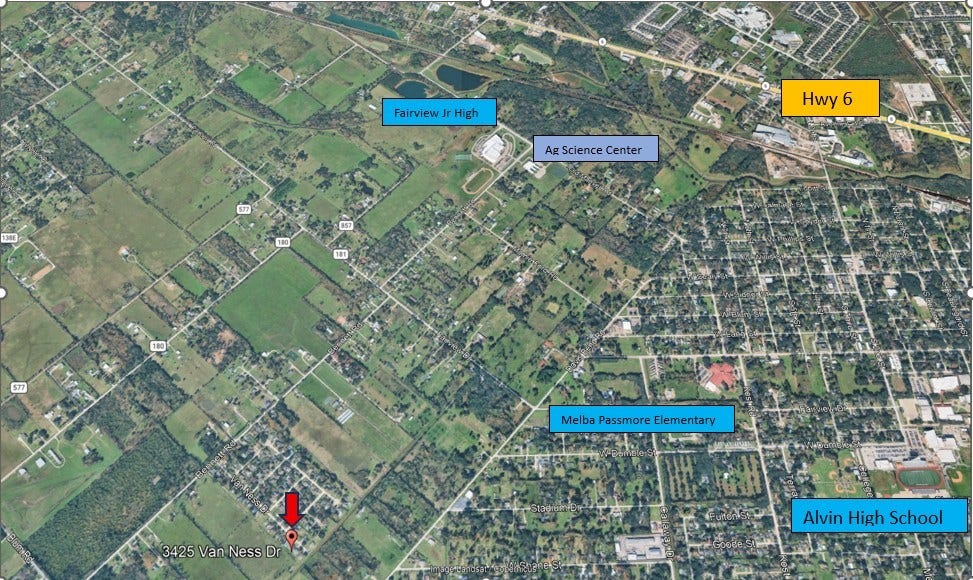 3425 Van Ness Drive, Alvin, TX 77511 Prime location near Alvin, with easy access to Hwy 6. Close to schools including Fairview Jr High, Melba Passmore Elementary, and Alvin High School, as well as the Ag Science Center.