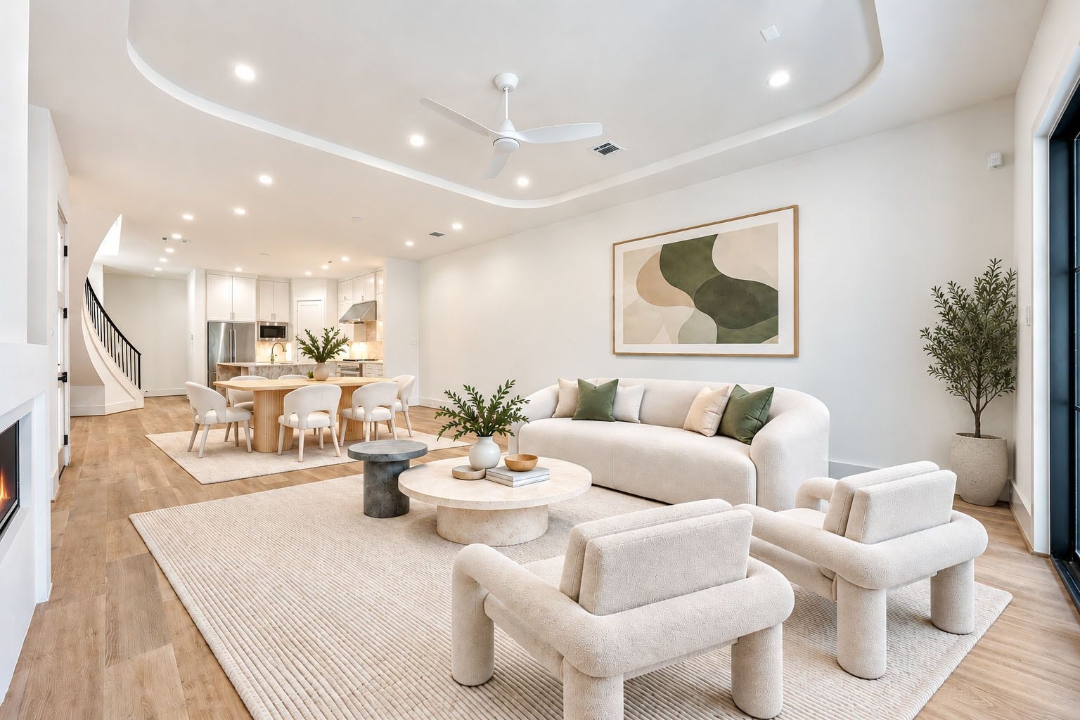 6303 Rodrigo Street, #A, Houston, TX 77007 First-floor living area features high ceilings, recessed lighting and wood flooring. (virtual staging)