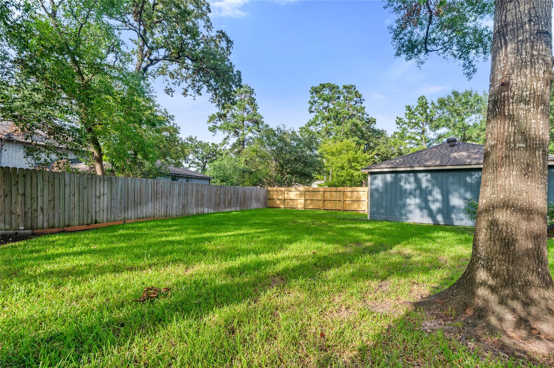 27249 Lana Lane, Oak Ridge North, TX 77385 Backyard looking toward garage