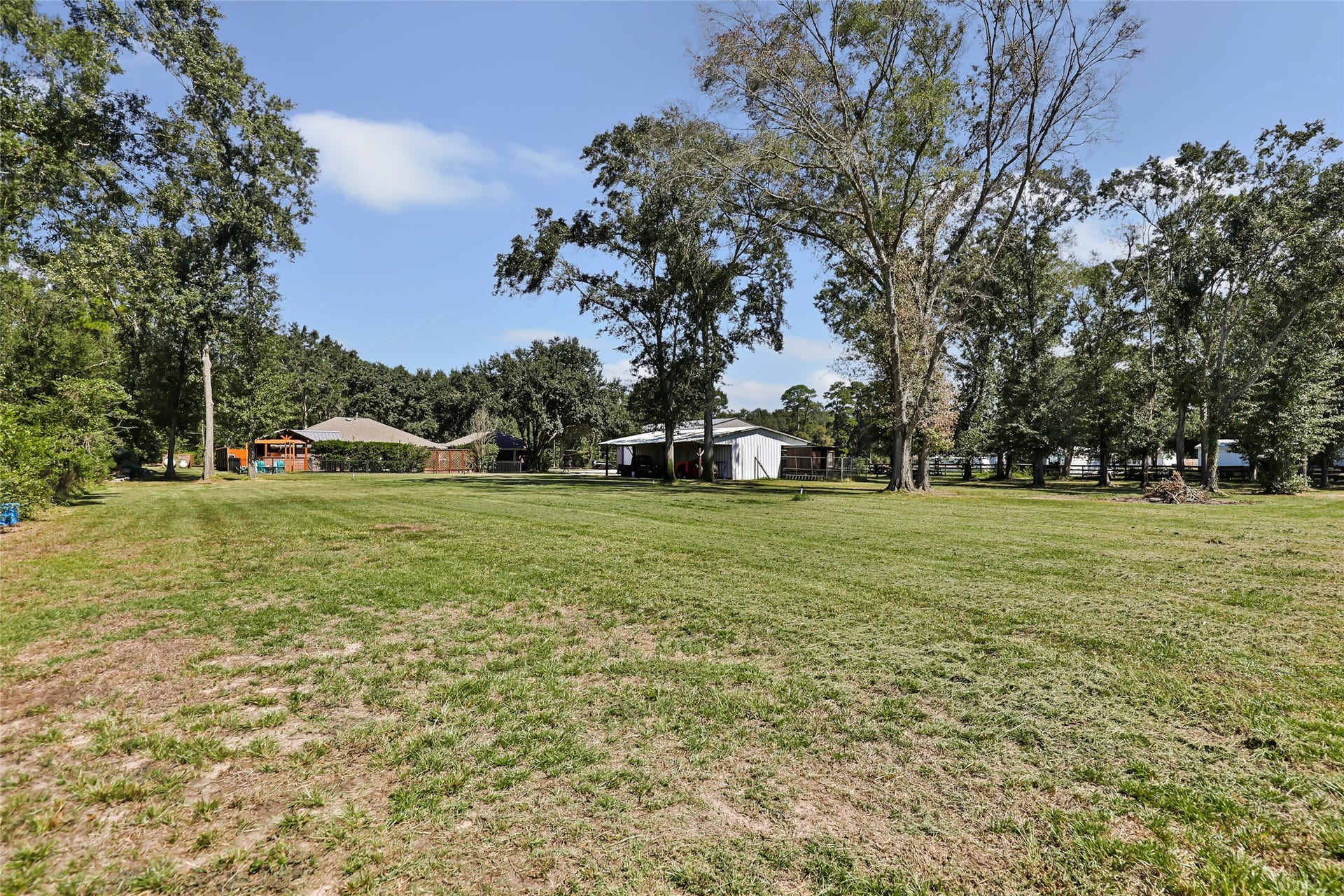 25107 Goodson Road, Splendora, TX 77372 Expansive green lawn with mature trees offers a serene and spacious outdoor setting, perfect for enjoying nature and outdoor activities.