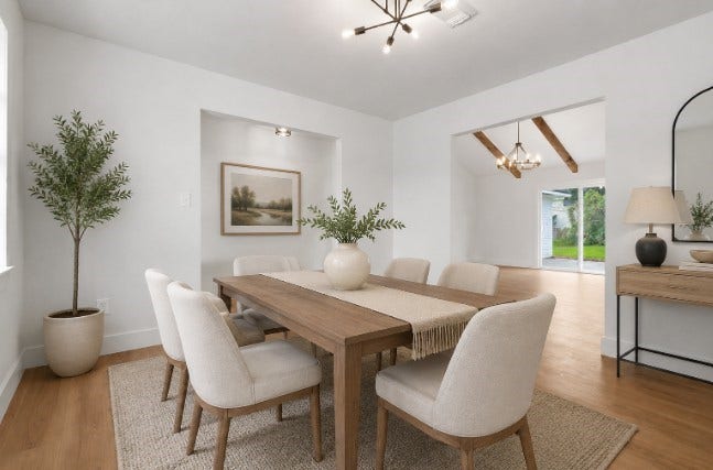 104 Oriole Lane, Angleton, TX 77515 Virtually staged. The dining space is thoughtfully separated from the living room, creating an intimate setting where families can gather and enjoy peaceful meals together. This dedicated area provides the perfect atmosphere for meaningful conversations, shared dinners, and memorable moments.