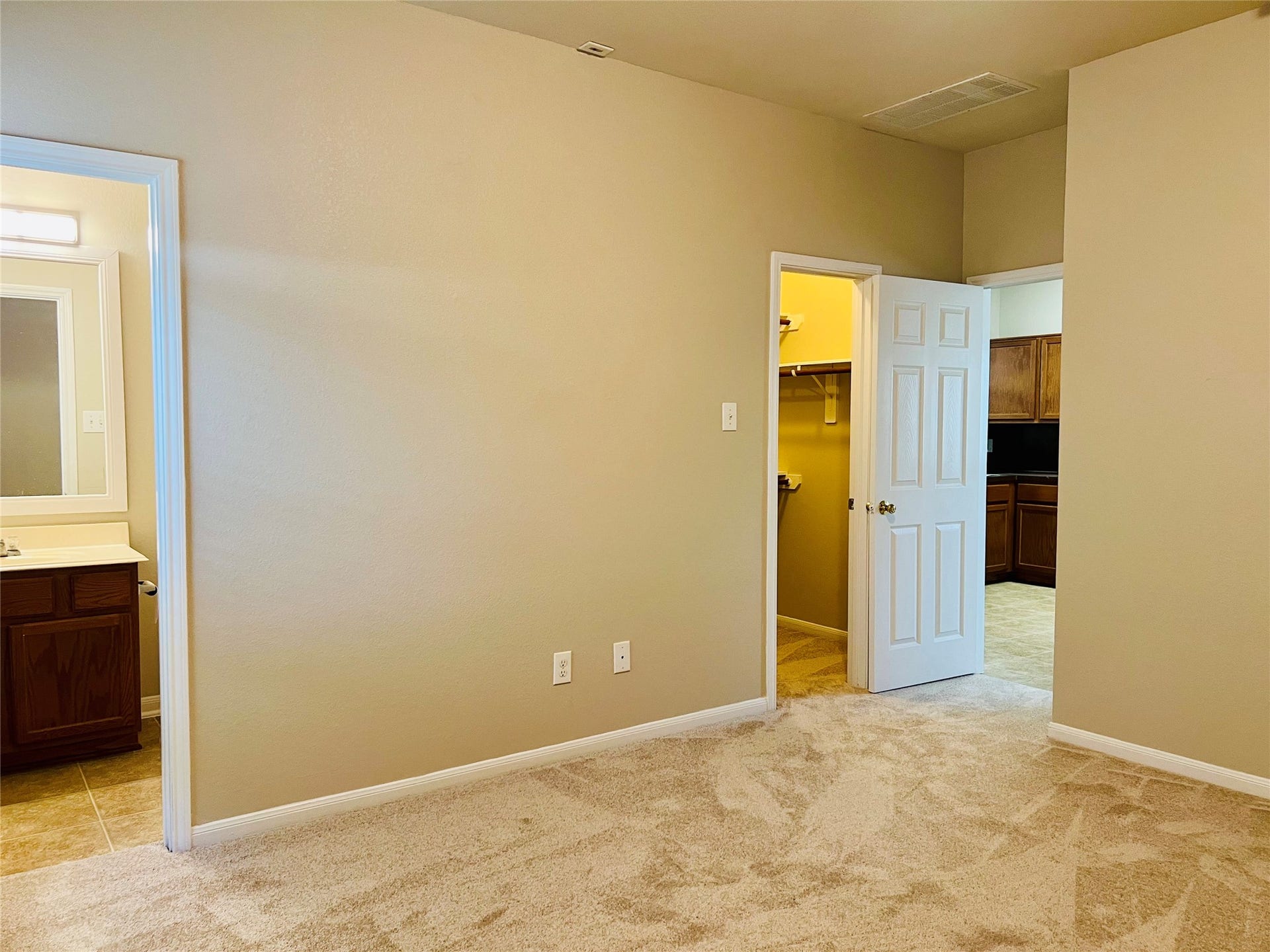 1721 Claremont Garden Circle, Houston, TX 77047 Spacious bedroom with plush carpeting, leading to a walk-in closet and en-suite bathroom, featuring a warm, neutral color palette.