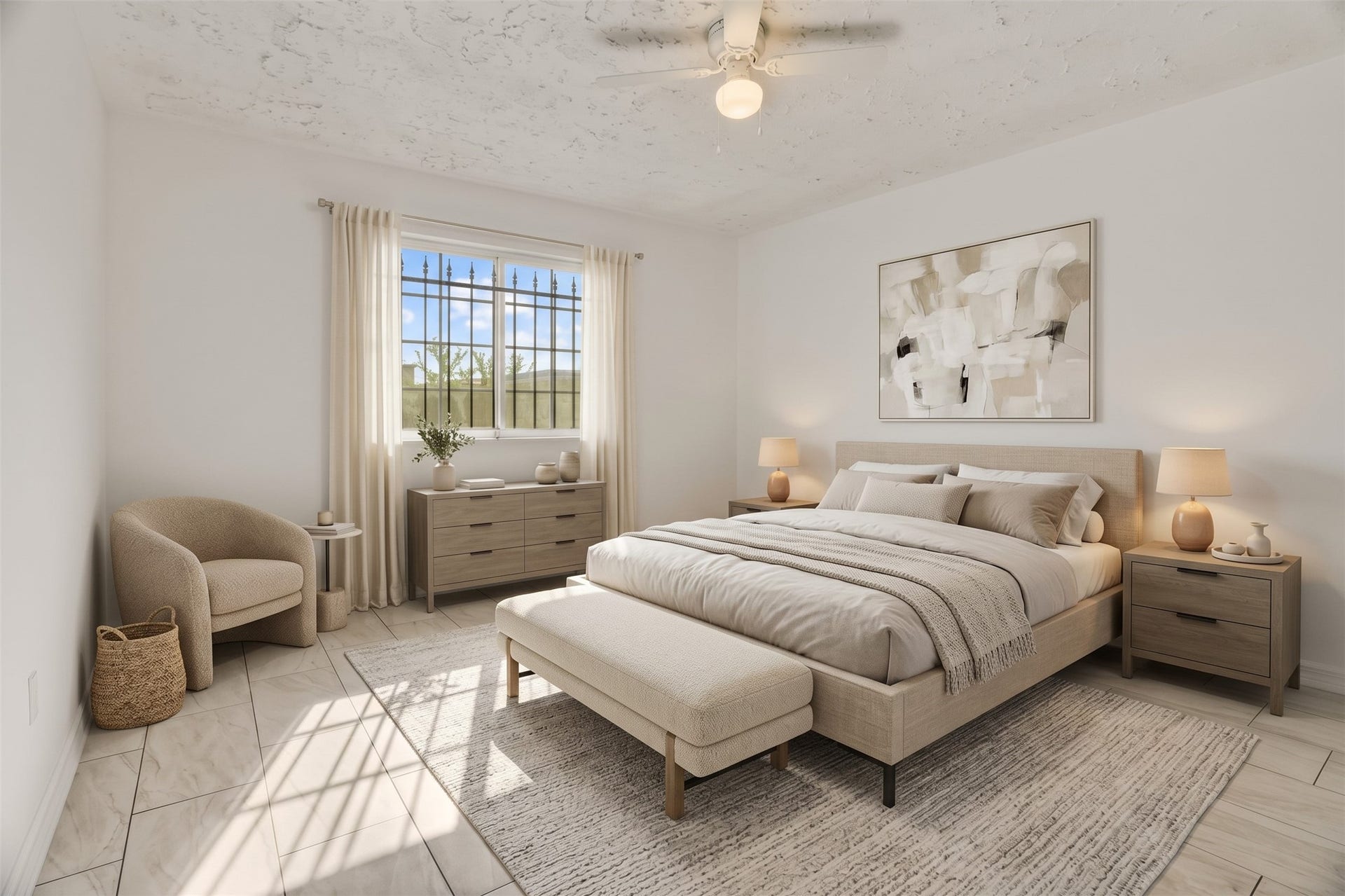 Comfortable primary bedroom with fresh flooring and paint.*virtually staged*