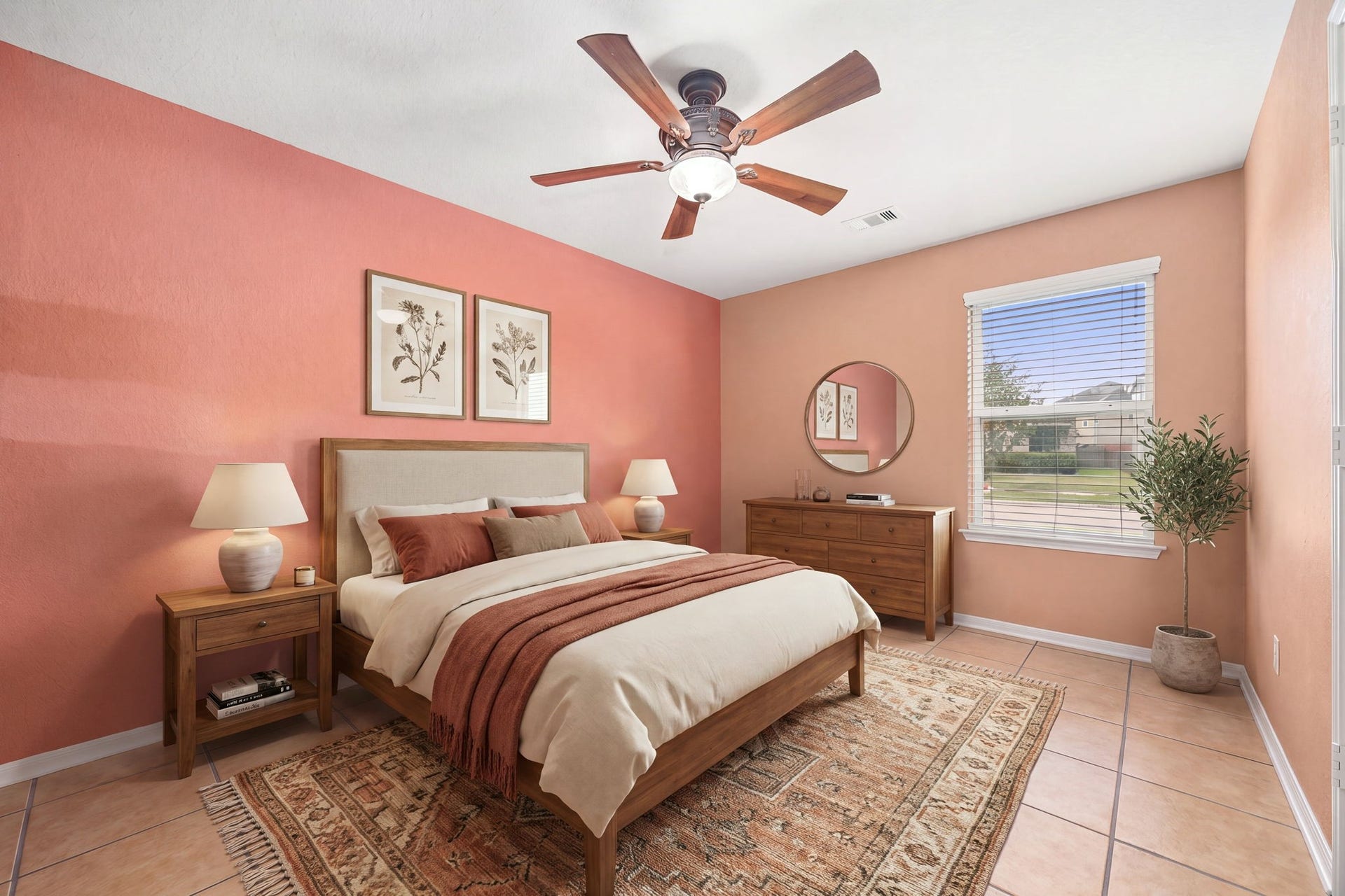 Another well-proportioned secondary bedroom offering an inviting and versatile layout equipped with a central ceiling fan for year-round comfort. The space features easy-to-maintain tile flooring and a large window that provides comfortable daylighting, making it an excellent option for family, guests, or a dedicated workspace. *Virtually Staged
