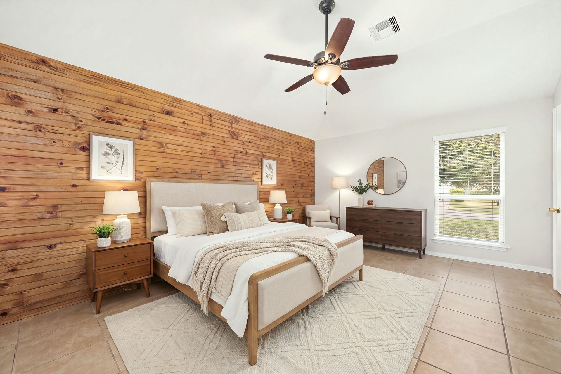 Spacious primary suite anchored by a beautiful, floor-to-ceiling wood plank accent wall that serves as a striking visual focal point. The bright room features vaulted ceilings, a central ceiling fan, and durable tile flooring, while a wide window allows for comfortable natural light. *Virtually Staged