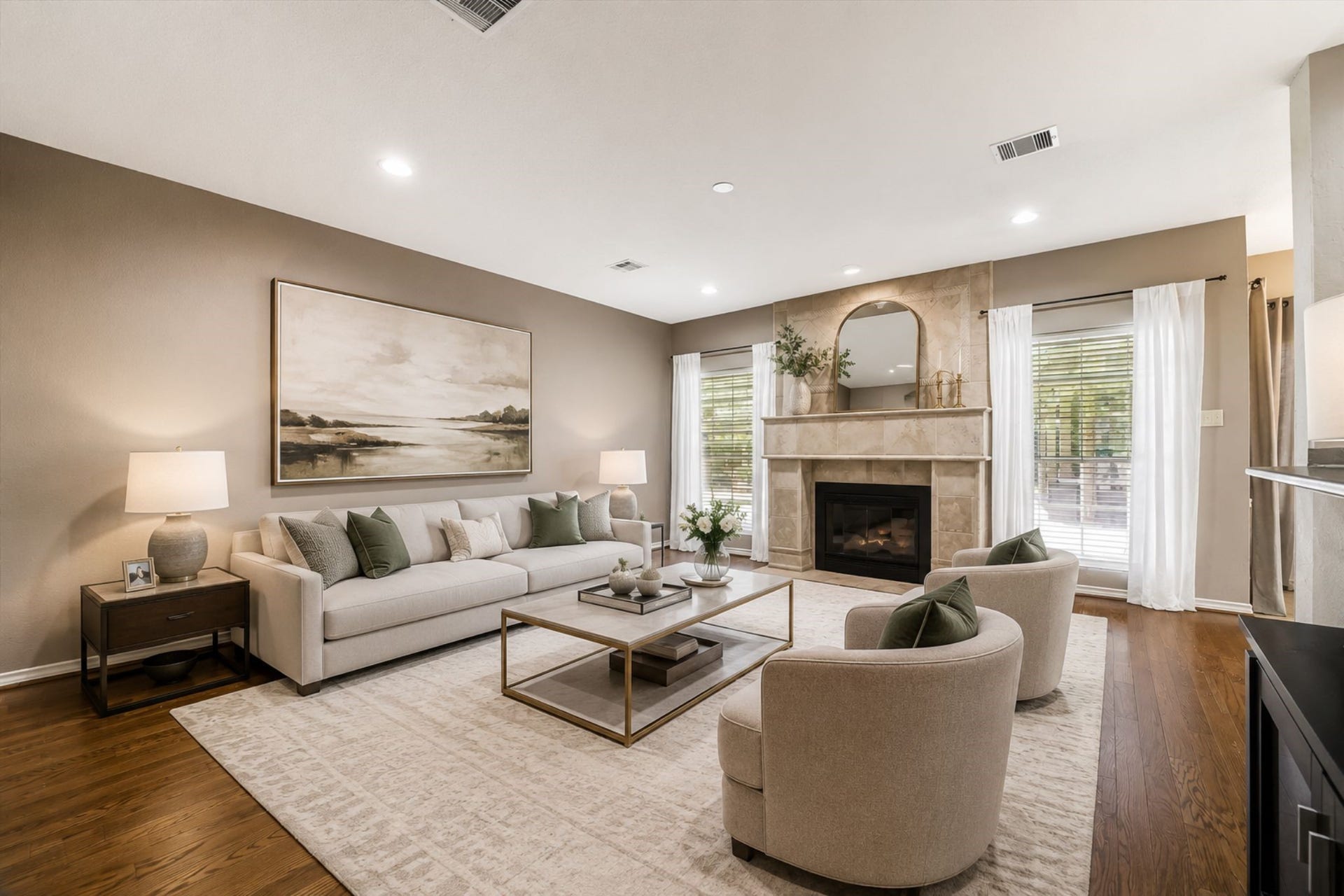 SPACIOUS FAMILY ROOM IS ANCHORED BY A GORGEOUS TILE FIREPLACE AND OVERLOOKS THE BACKYARD. *Virtually Staged