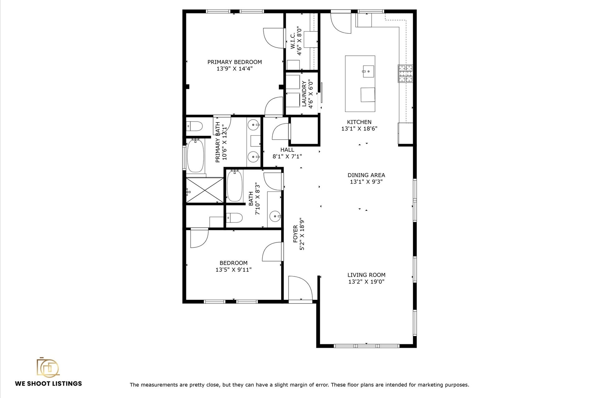 1204 Shearn Street, Houston, TX 77007 This floor plan features a spacious layout with a primary bedroom and en-suite bath, an additional bedroom, and a second full bath. The open-concept living room and dining area connect to a sizable kitchen with a central island. A laundry room and hallway complete the design, offering functionality and comfort.