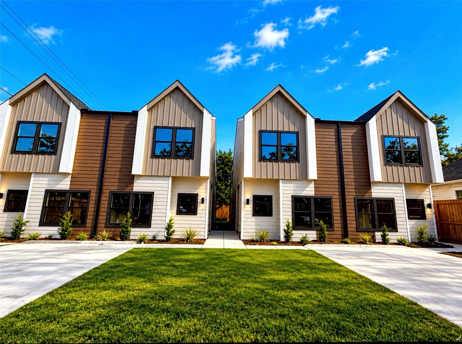 3201 Berry Street, #A/B, Houston, TX 77004 Modern duplexes with striking gabled roofs, featuring a clean, contemporary facade in neutral tones. A spacious driveway and neatly landscaped front yard offer excellent curb appeal.