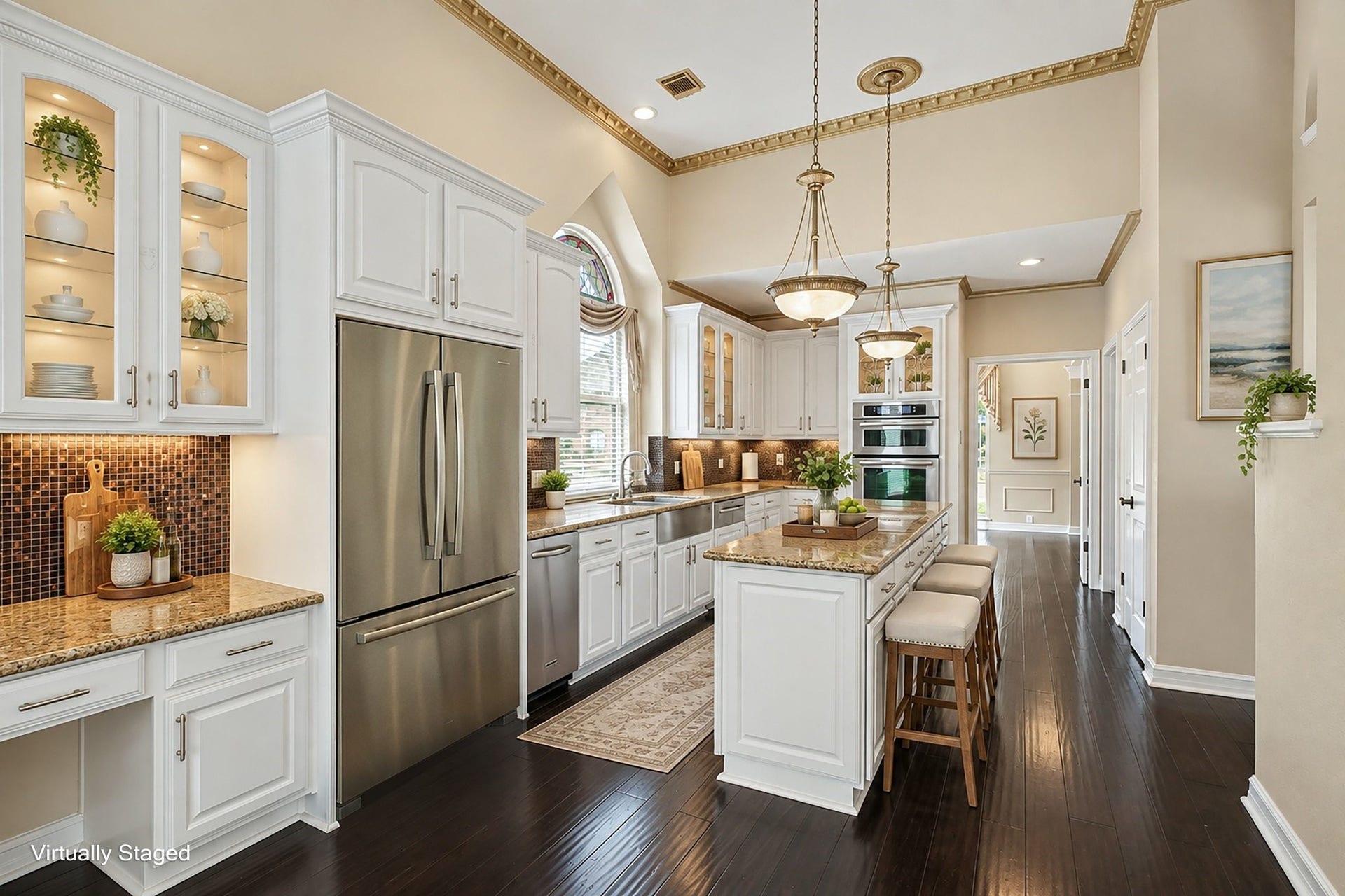 5406 Brook Bend Drive, Sugar Land, TX 77479 Virtually Staged Kitchen highlights the glass-paneled cabinets, convenient desk space plus ample counter and cabinet space