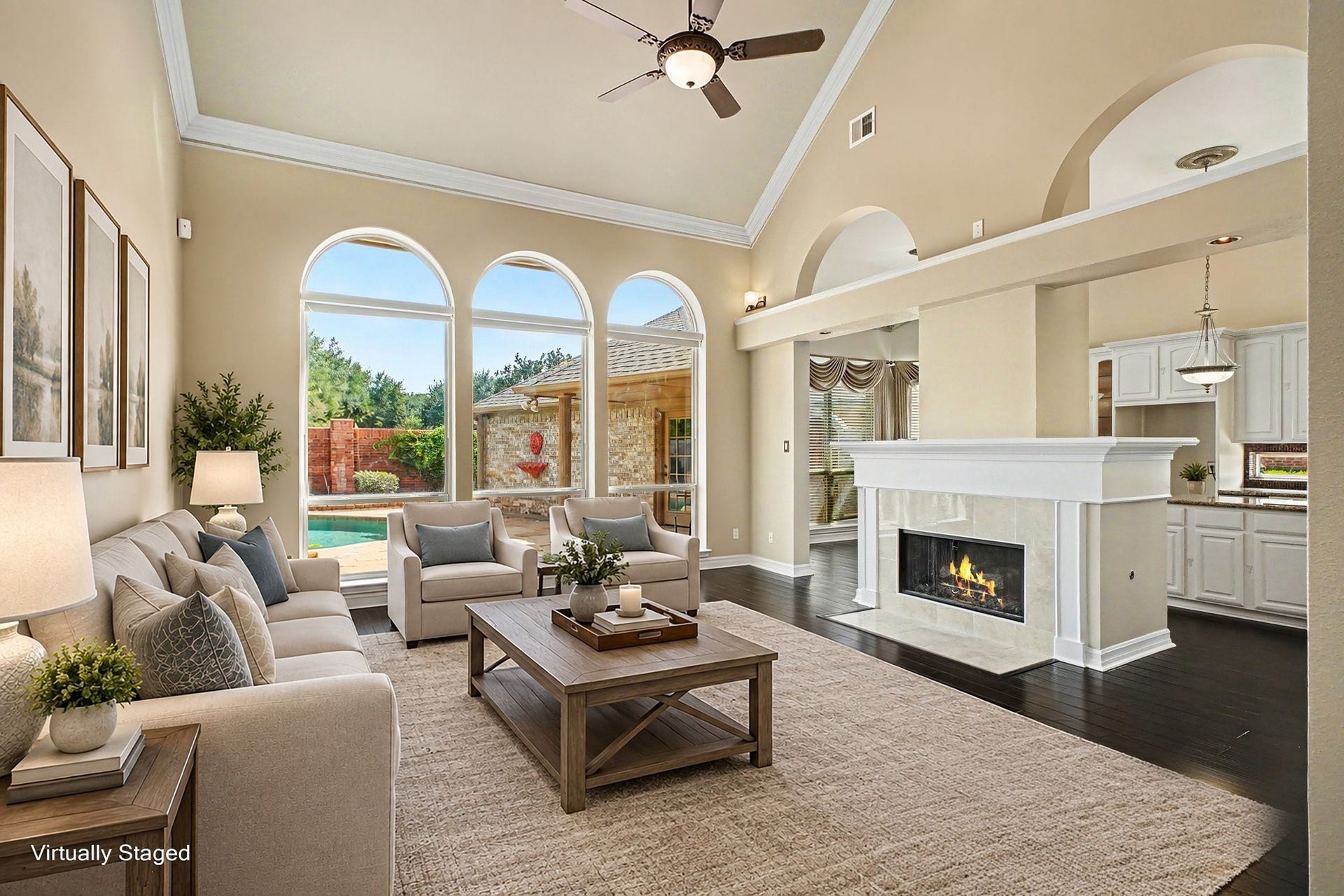 5406 Brook Bend Drive, Sugar Land, TX 77479 Virtually Staged to highlight the versatility of the family room, showcasing its spacious layout and inviting views to backyard