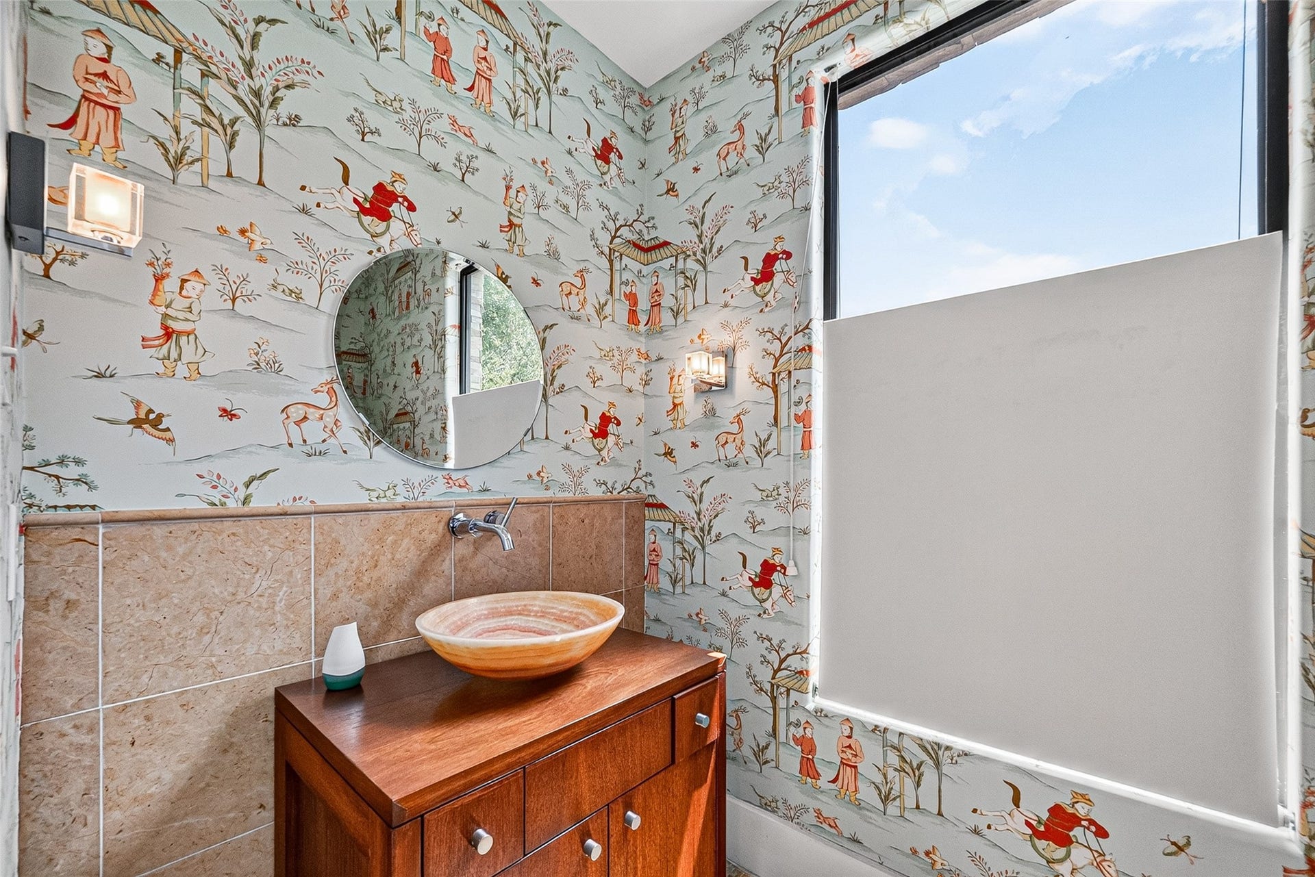 1110 Autrey Street, #C, Houston, TX 77006 Charming half bathroom featuring whimsical wallpaper, a modern vessel sink, and abundant natural light through a large window.