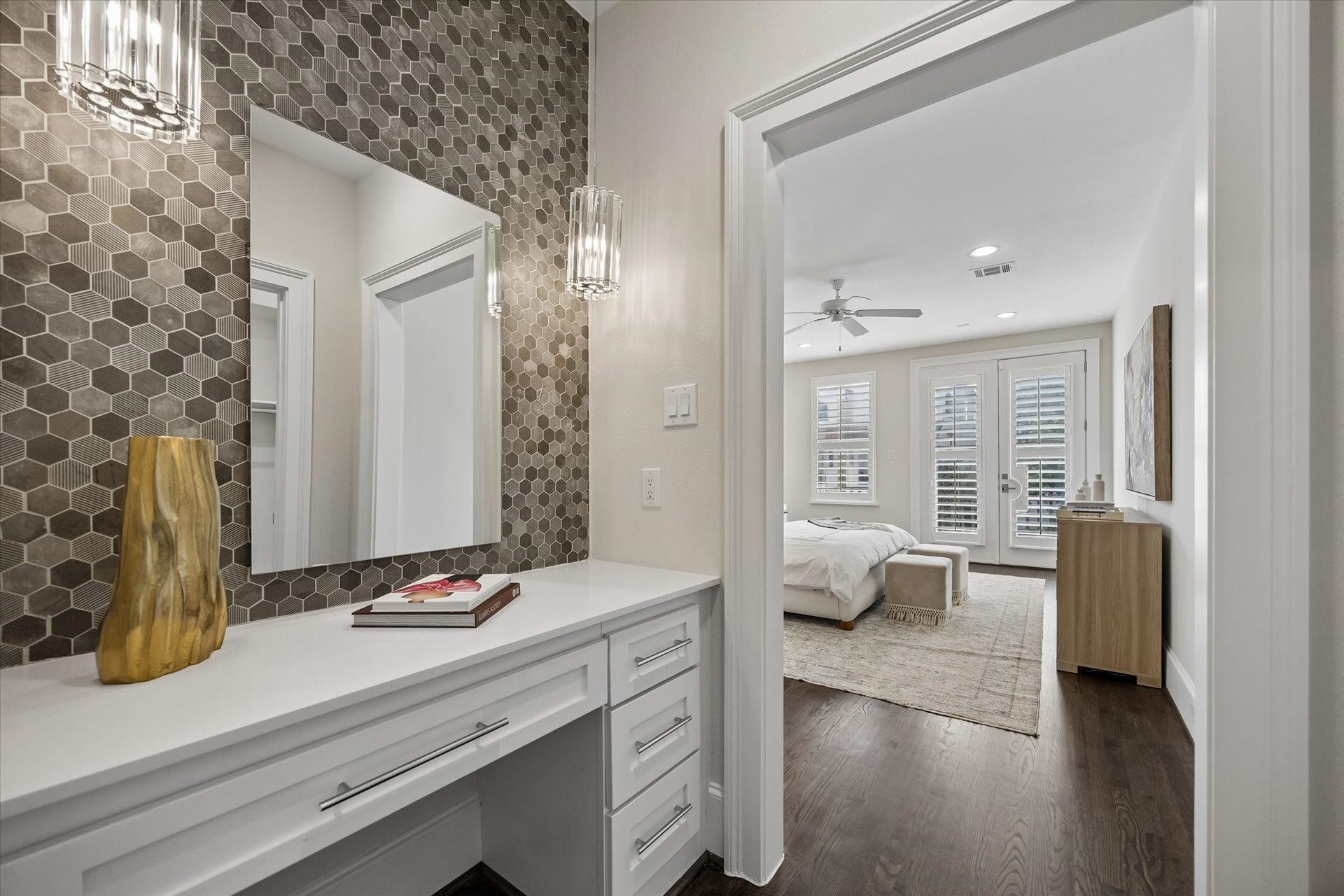 2111 Huldy Street, Houston, TX 77019 Vanity with storage, statement tile backsplash, and stylish pendant lighting.