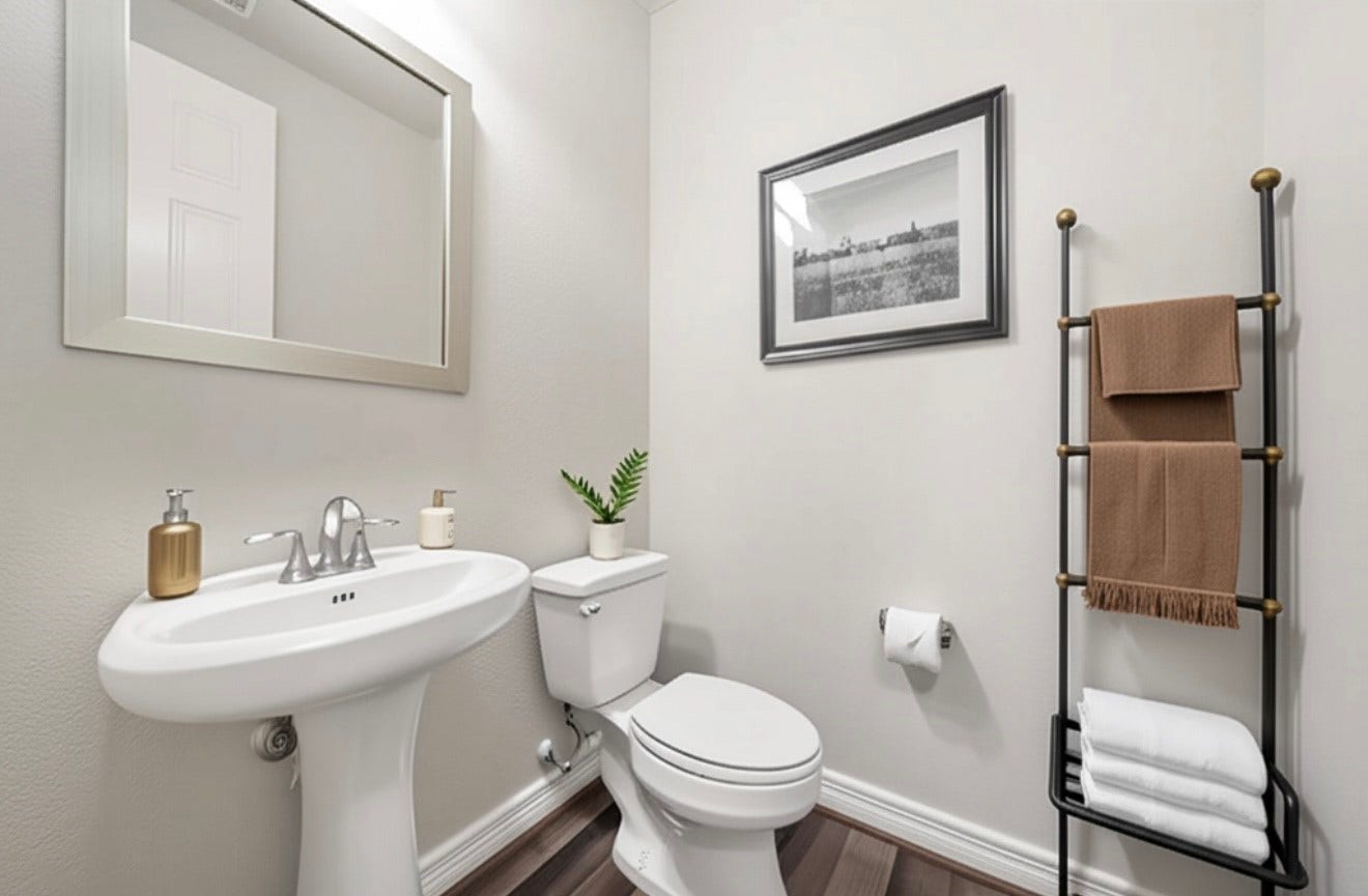 The convenient half bath features a pedestal sink, classic fixtures, neutral finishes, and easy-care wood-look flooring. Its efficient layout provides everything needed for guests while maintaining a clean, polished appearance, making it a practical addition to the homes thoughtfully designed living spaces. This photo has been virtually staged for visual reference.