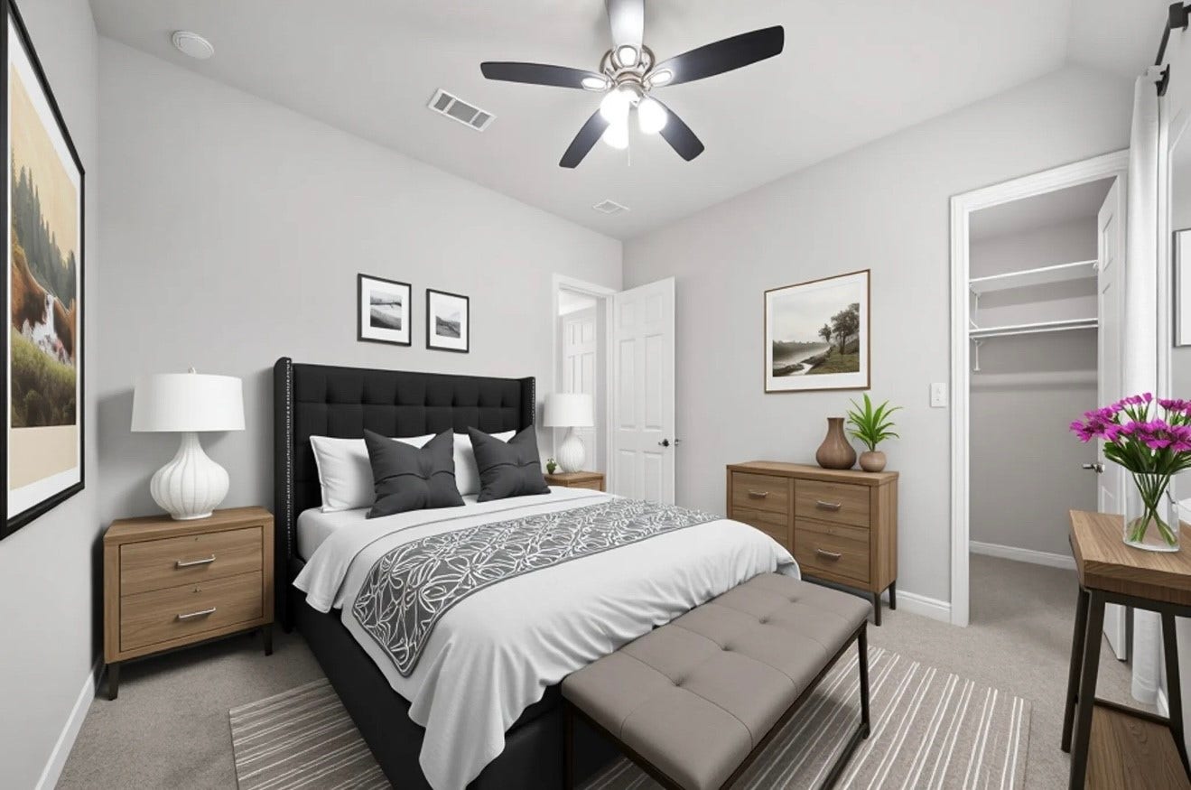 This inviting secondary bedroom offers comfortable proportions, soft carpeting, neutral finishes, and a ceiling fan. The room includes convenient closet storage and enough space for a full bedroom arrangement, while the flexible layout can also accommodate a home office, guest suite, hobby room, or other personalized use. This photo has been virtually staged for visual reference.
