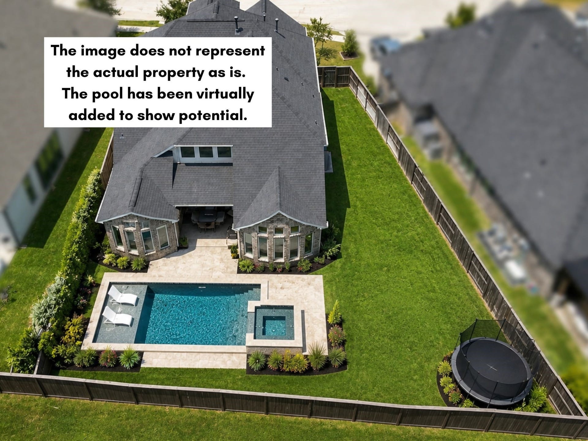 3011 Lantana Trail, Katy, TX 77493 Current owners have not installed a pool, however there is ample room for a pool while still maintaing plenty of yard space! (Survey is in attachments to confirm space for pool.) *This photo is digitally created to show room for pool while still maining ample yard space.*
