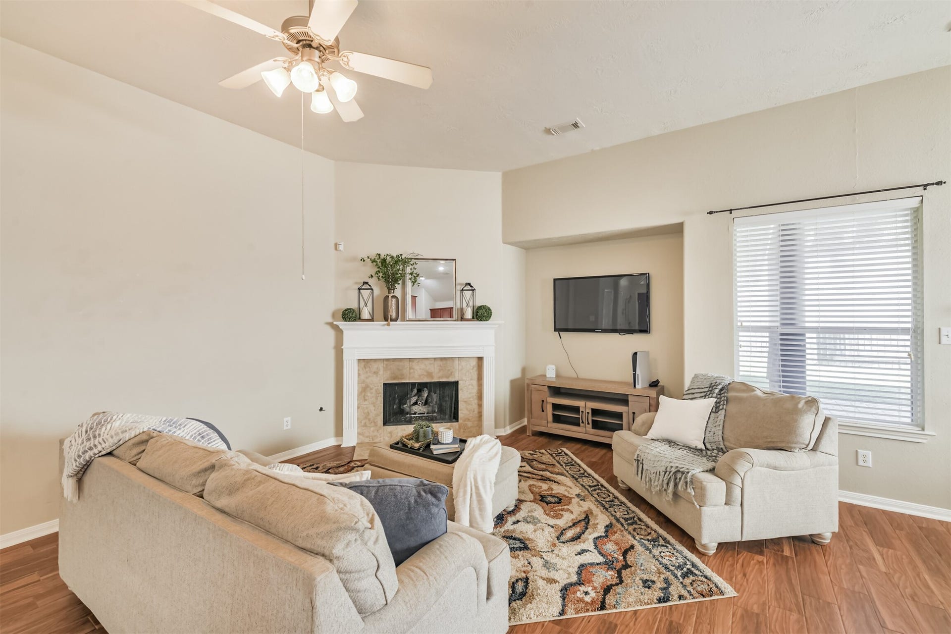 Inviting living room with gas fire place