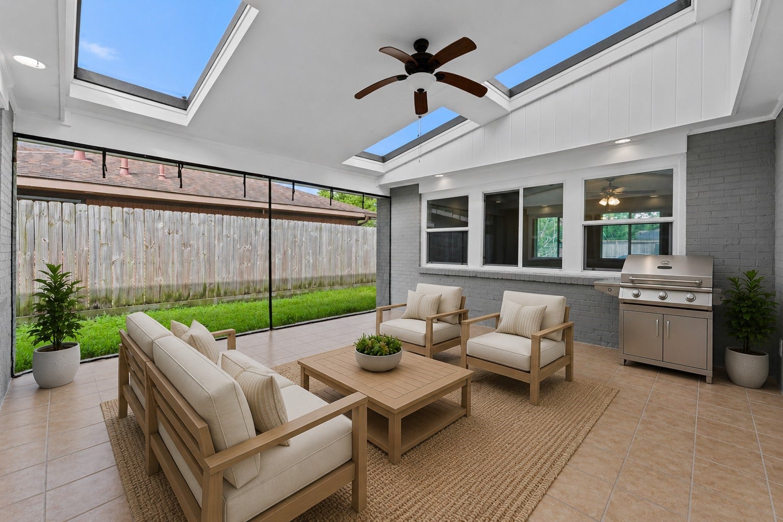 Enjoy a spacious PRIVATE covered patio with skylights that let the sun shine in!