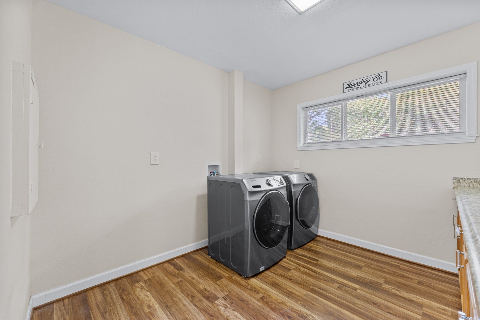 Plenty of additional space for a second fridge, a shelving unit, or even a desk for an office space! Samsung washer and dryer included.