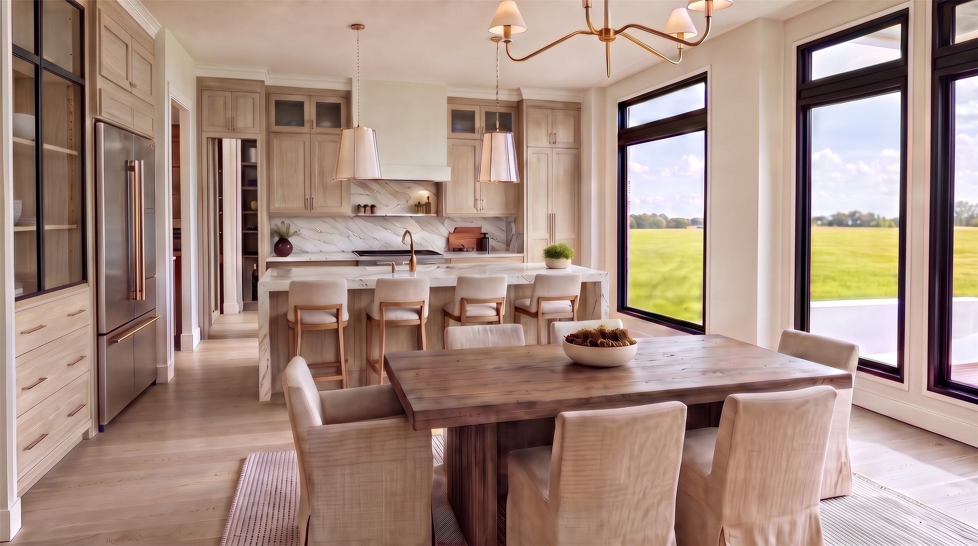 Artist rendering of Chef's Kitchen & Breakfast Area. Home offers a full Thermador appliance package including 48" gas range & 48" Refrigerator.
