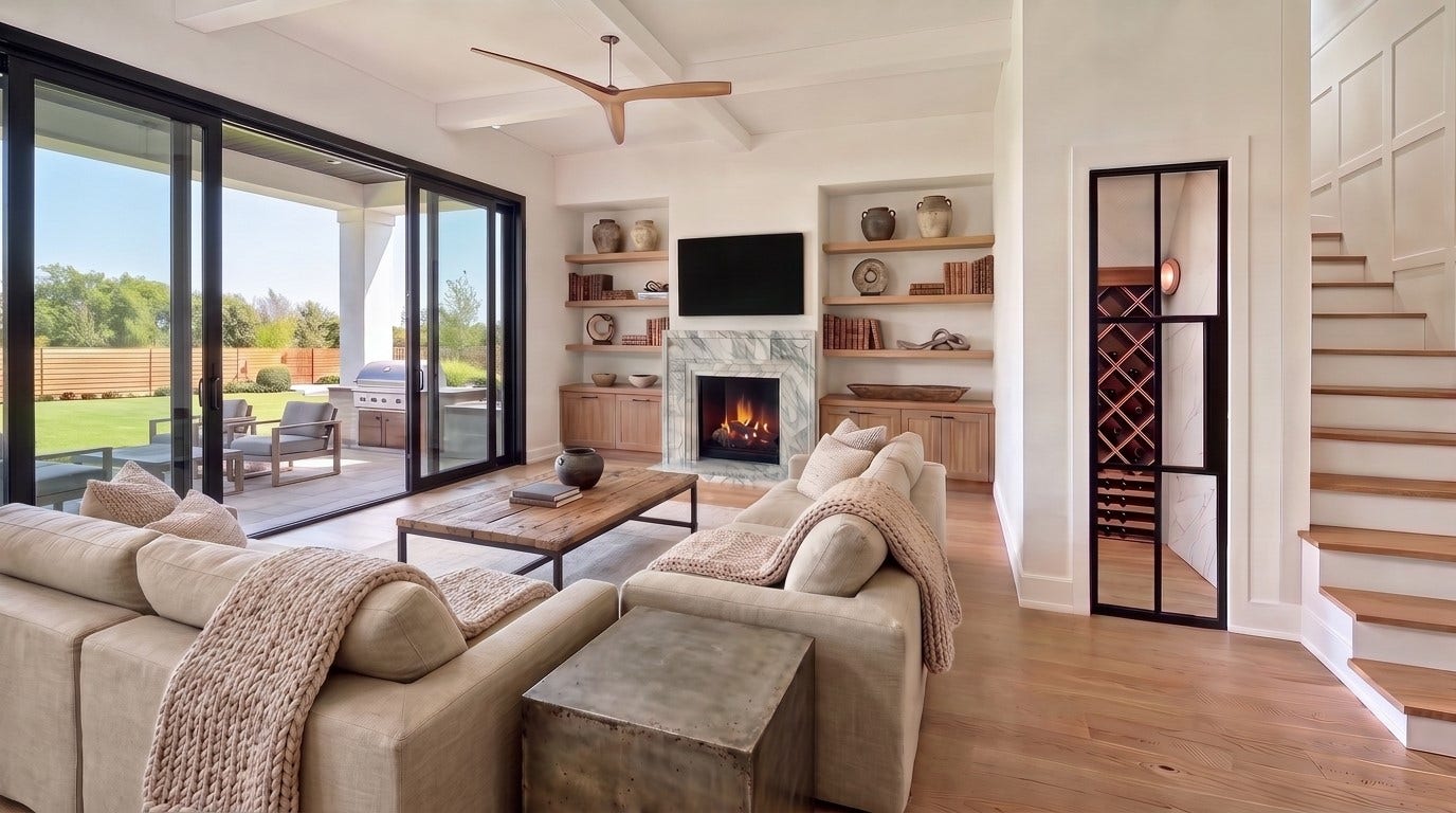 Artist rendering of Family Room w/ wall of windows leading out to the covered patio and temp-controlled wine room to the right.