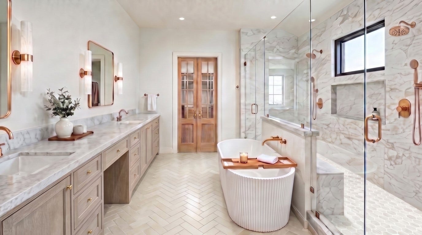 Artist rendering of Primary Bathroom. Features include over-sized walk-in shower w/ dual shower fixtures, bench & separate soak tub. Designer selected finishes throughout.