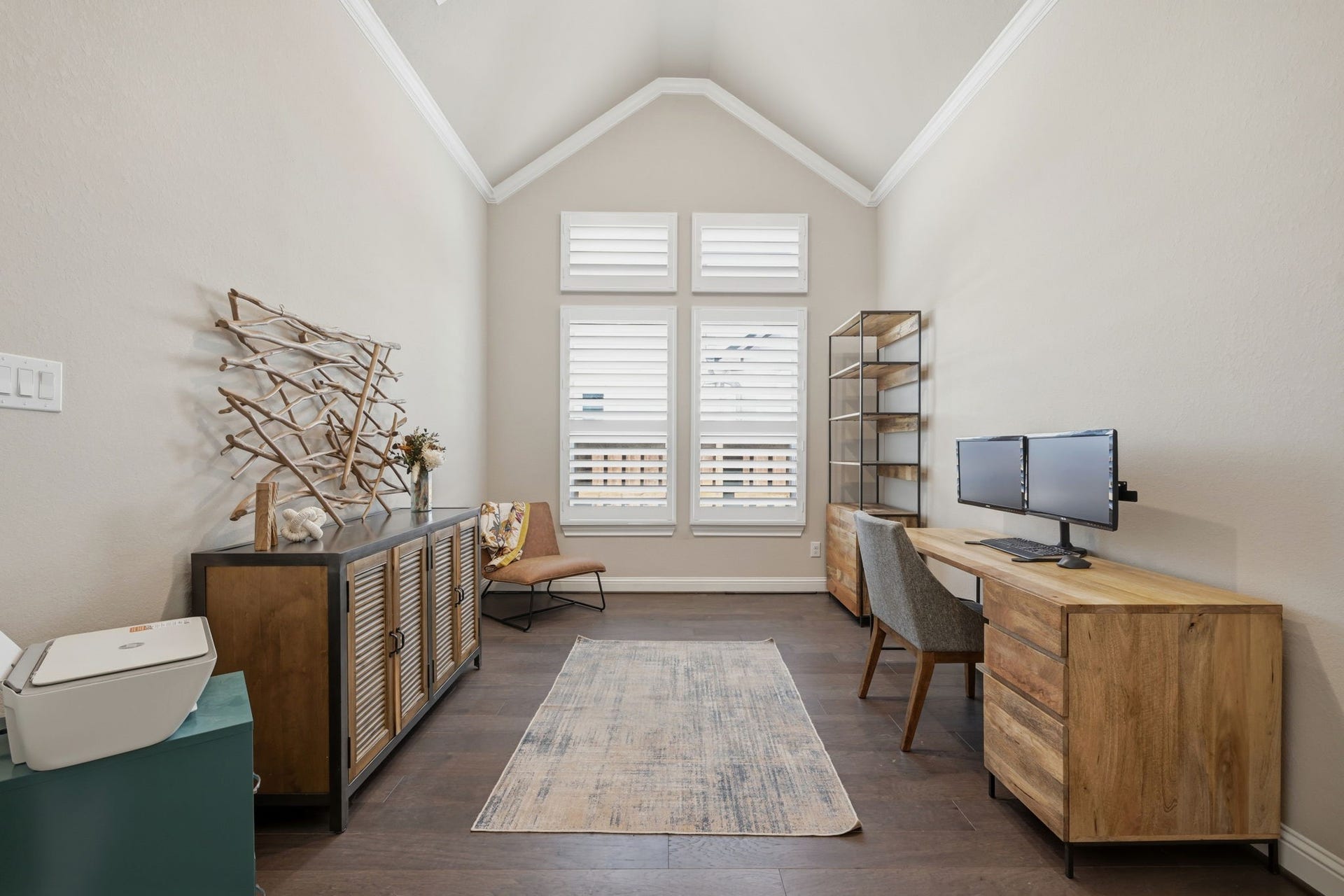 5595 Fallen Antler Drive, Spring, TX 77386 Home Office features vaulted ceilings.