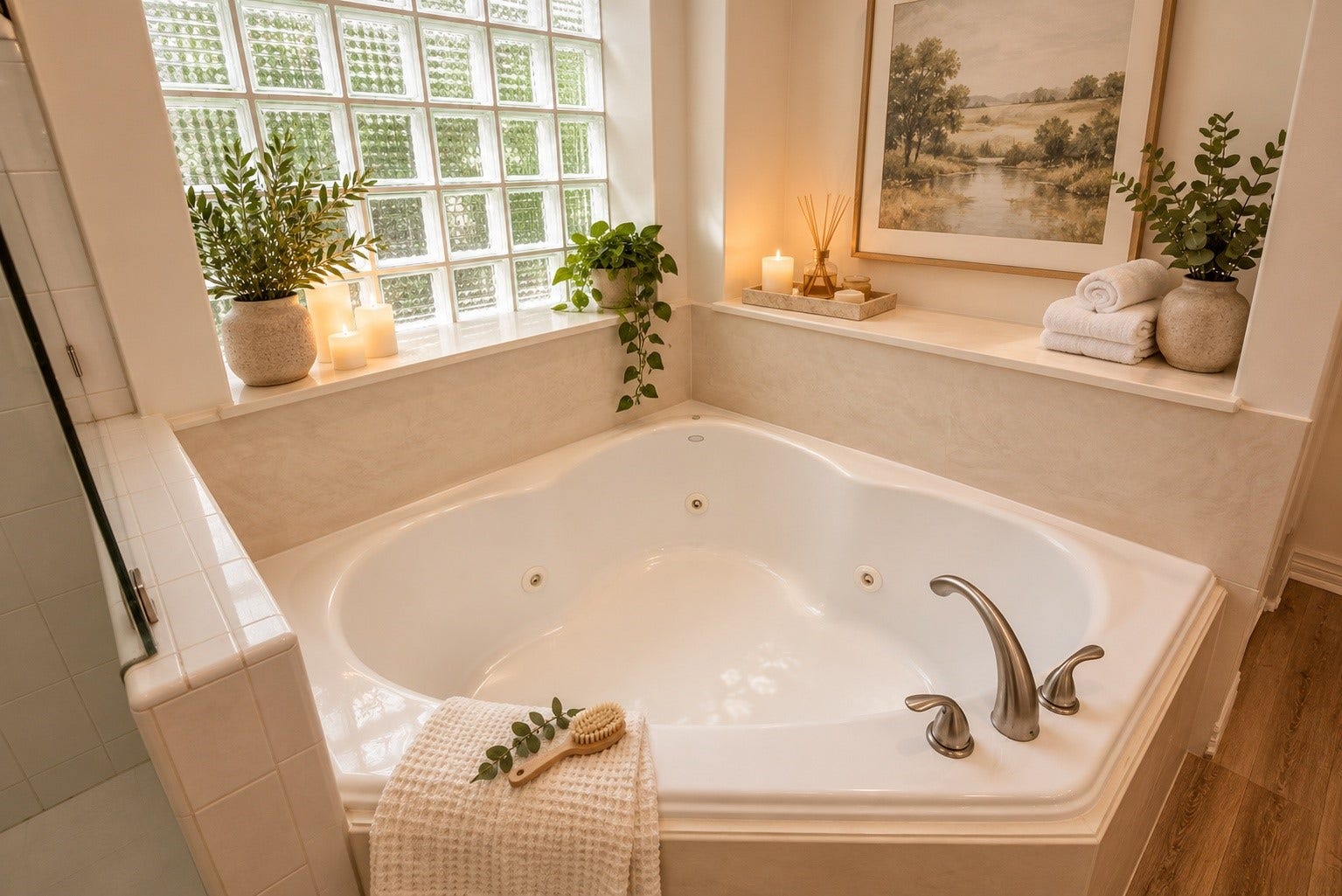 3134 Old Masters Drive, Sugar Land, TX 77479 Primary Bath with jetted tub and glass glock windows. What a perfect place to relax after a long day. *Virtually Staged