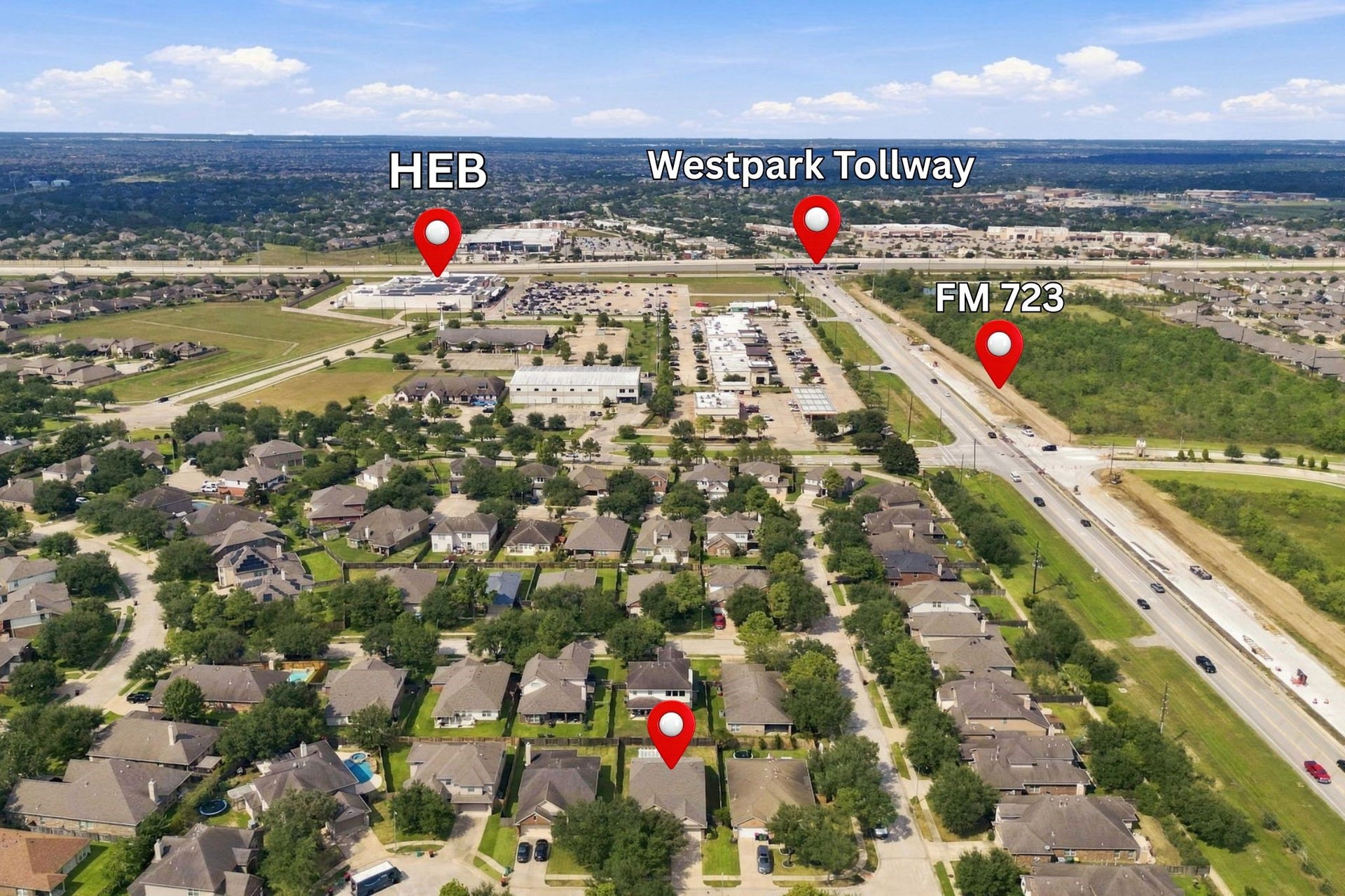 This aerial view showcases it all. The homes ideal location provides convenient access to nearby grocery stores, Westpark Tollway, and FM 723. All locations have been pinpointed for your convenience.