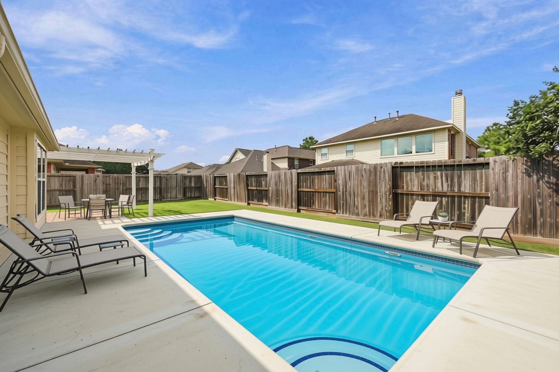 The spacious Backyard provides a blank canvas for creating your ideal outdoor retreat, with plenty of room to design beautiful landscaping, maybe add a small pool, or create the backyard oasis youve always envisioned. (Virtually staged to show the possibilities of adding a pool)
