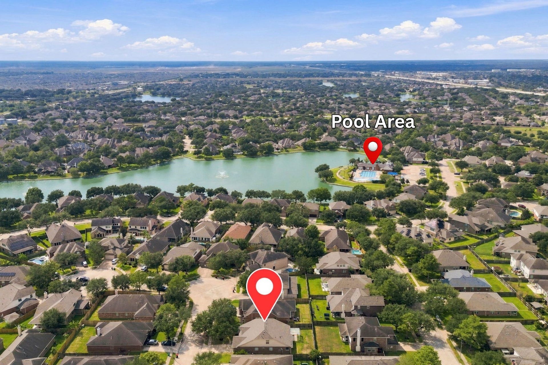 A birds-eye view highlights the homes desirable location, just blocks from the neighborhood lake, walking trail and community amenities. The home and pool area have been pinpointed for your convenience.